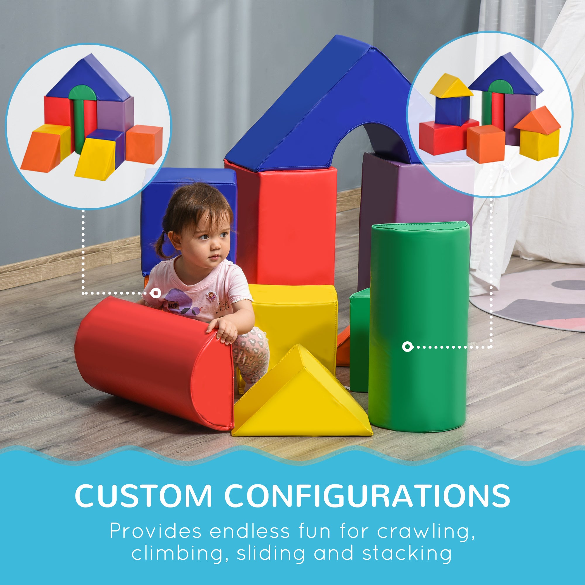 HOMCOM 11 Piece Soft Play Equipment for Toddlers, Soft Play Set Kids Foam Blocks Toys for Climb and Crawl, Multi-colored