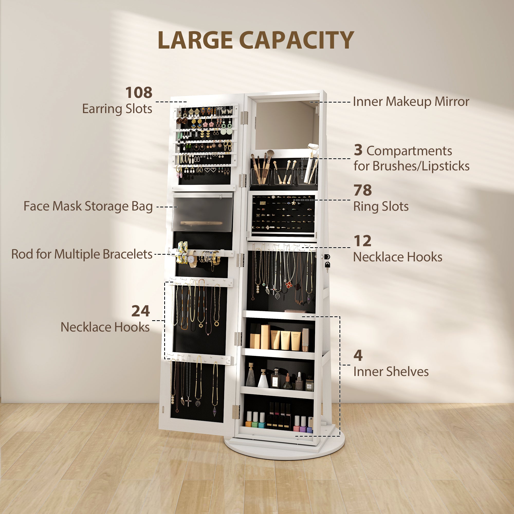 HOMCOM 360° Swivel Mirror Jewellery Cabinet with 3 Colour LED Lights, Lockable Jewellery Organiser, Free Standing Full Length Mirror with Storage for Earrings, Necklaces, Rings and Lipsticks, White