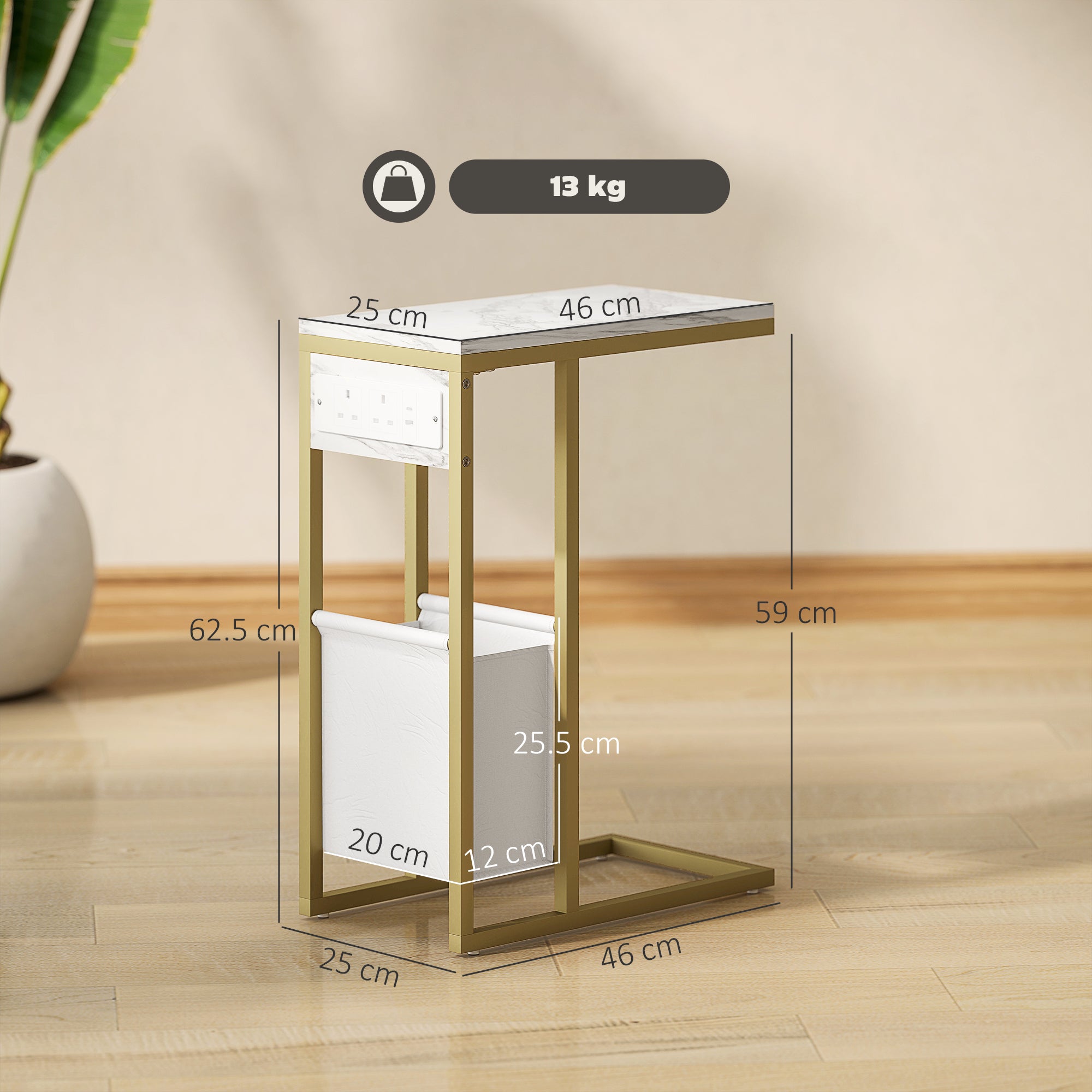 HOMCOM C Shaped Side Table with Charging Station and Faux Marble Top - White - North Peak Garden Furniture
