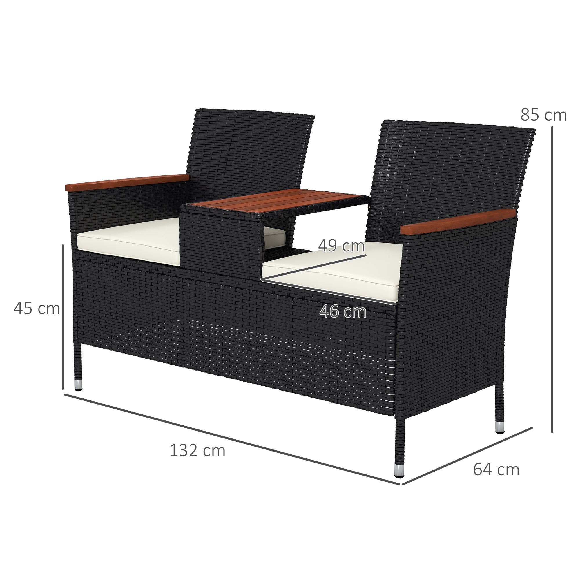 Outsunny Two-Seat Rattan Loveseat, with Wood-Top Middle Table - Black