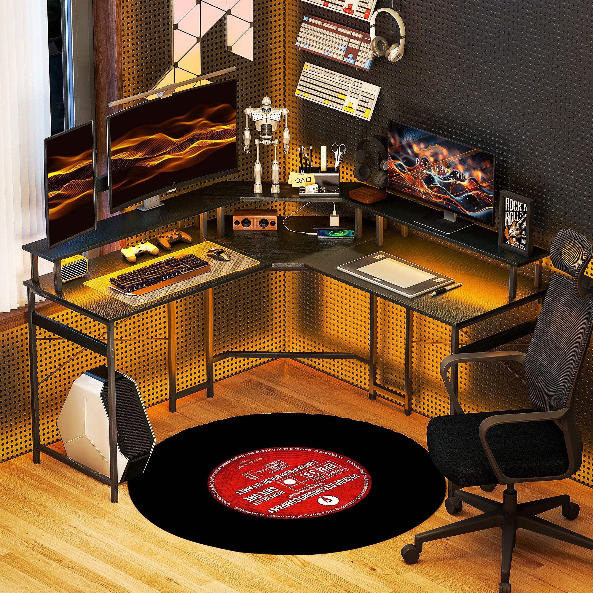 HOMCOM 'L' Shaped Work Desk, with LED Lights - Black - North Peak Garden Furniture