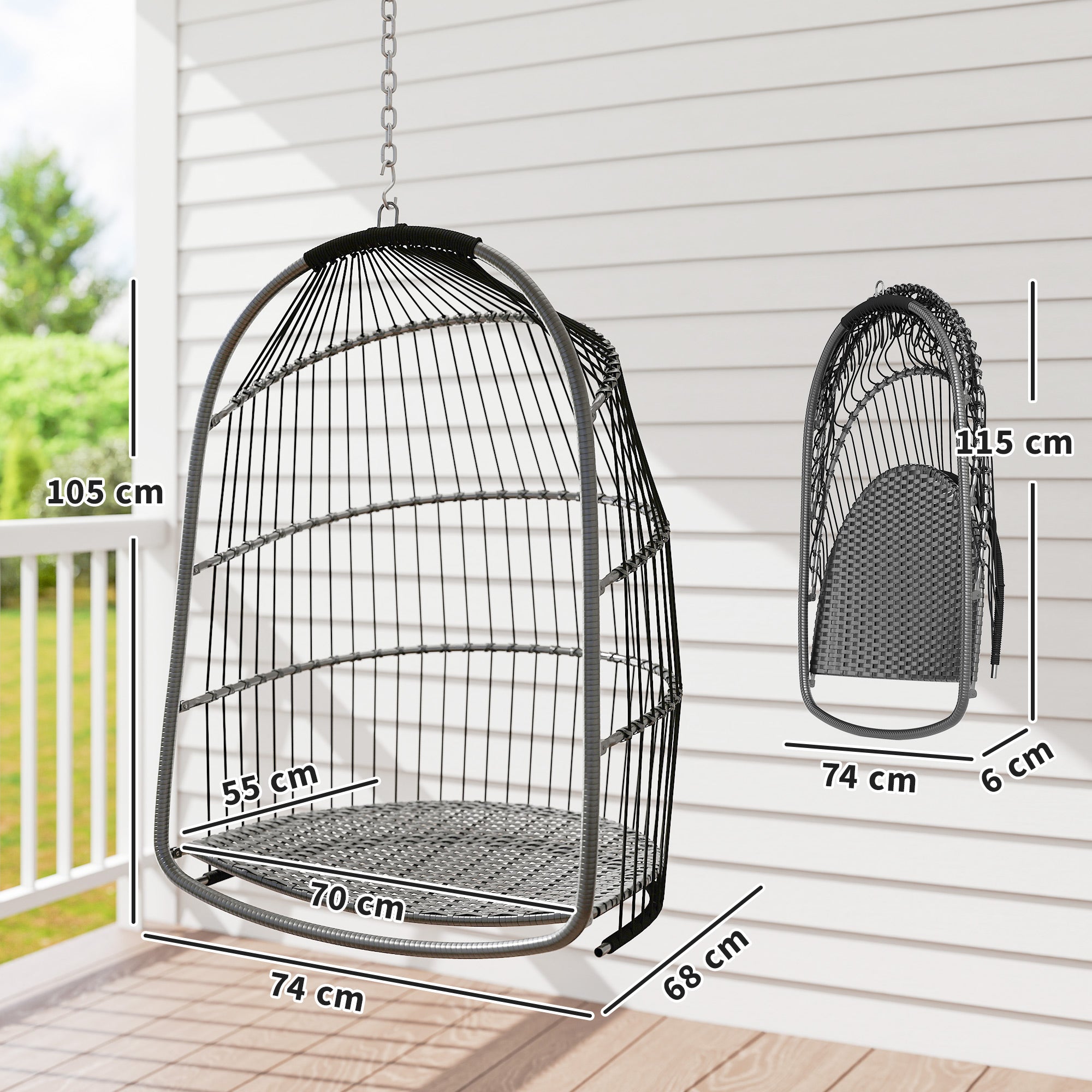 Outsunny Hanging Egg Chair, Foldable Rattan Garden Swing Chair with Installation Kit, Thickened Cushion and Headrest, Indoor Outdoor Hanging Egg Basket Seat for Patio, Porch, Dark Grey - North Peak Garden Furniture