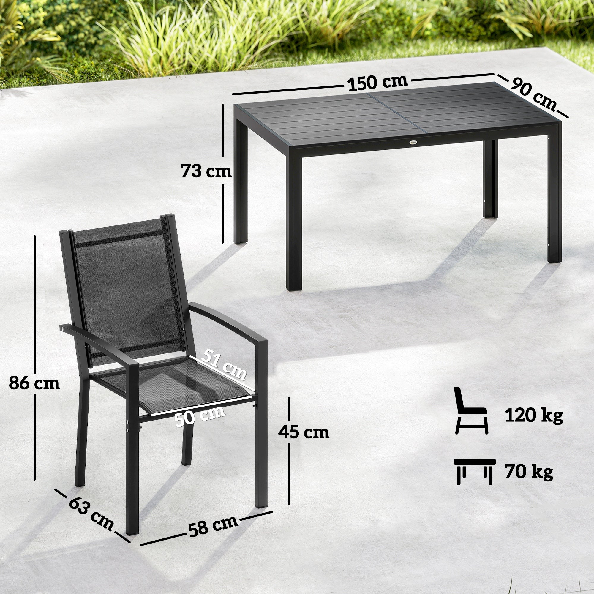 Outsunny Seven-Piece Garden Dining Set, with Plastic Wood-Top Table - Black