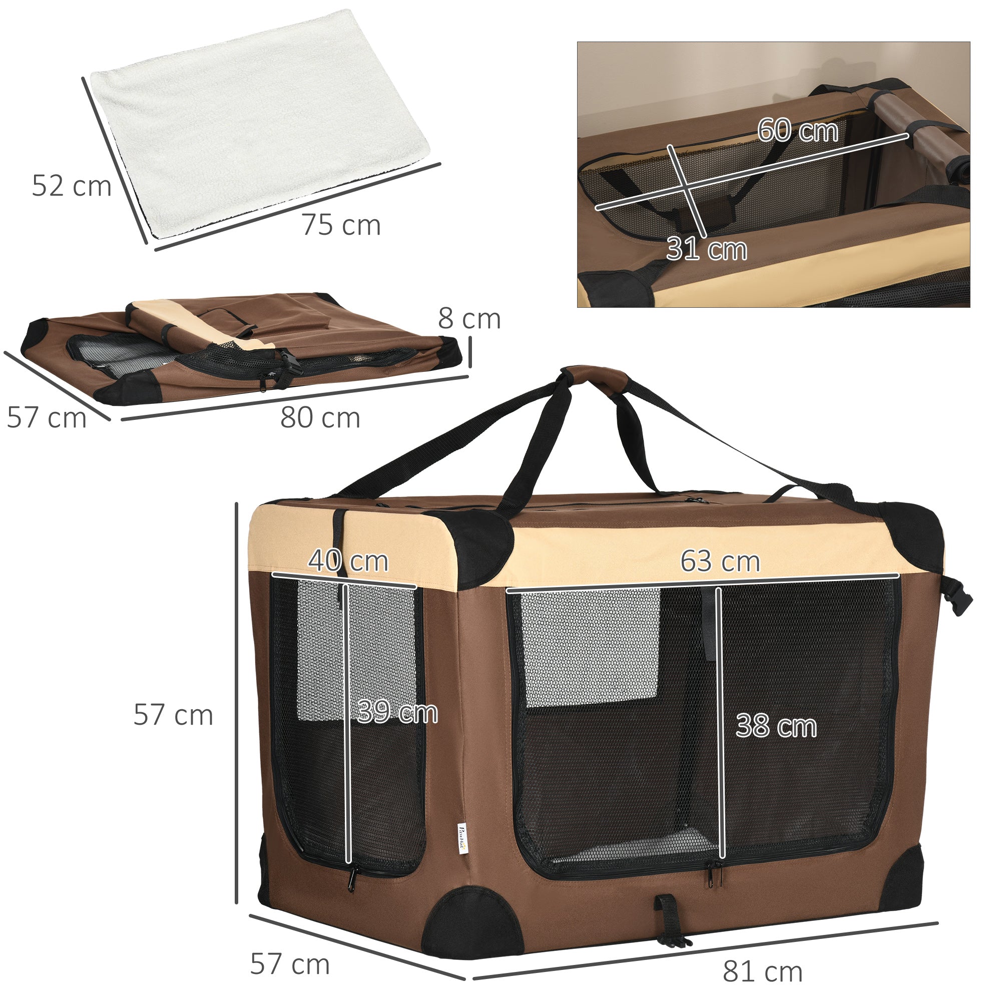 PawHut 81cm Foldable Pet Carrier, with Cushion, for Medium Dogs and Cats - Brown - North Peak Garden Furniture