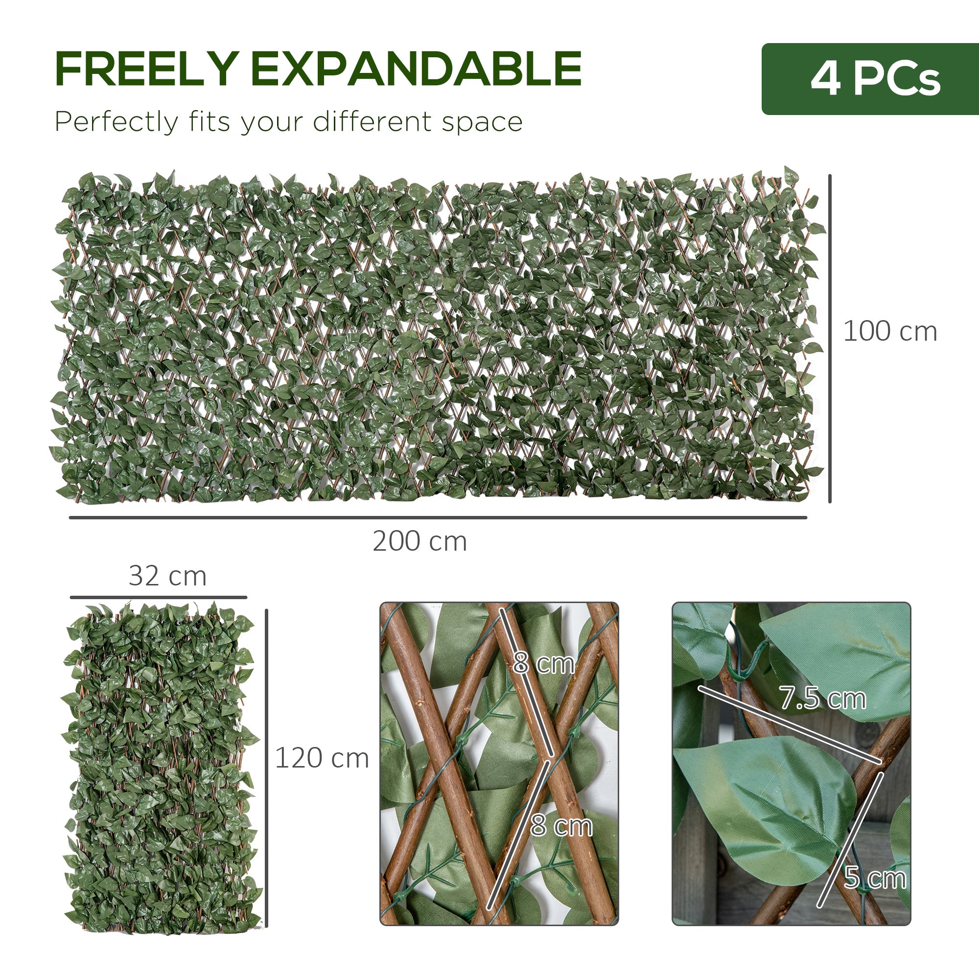 Outsunny 4 Pieces Expanding Trellis Fence, 2m x 1m Decorative Trellis with Artificial Leaves Garden Telescopic Hedge Privacy Screen Greenery Walls for Garden Balcony Home Decor