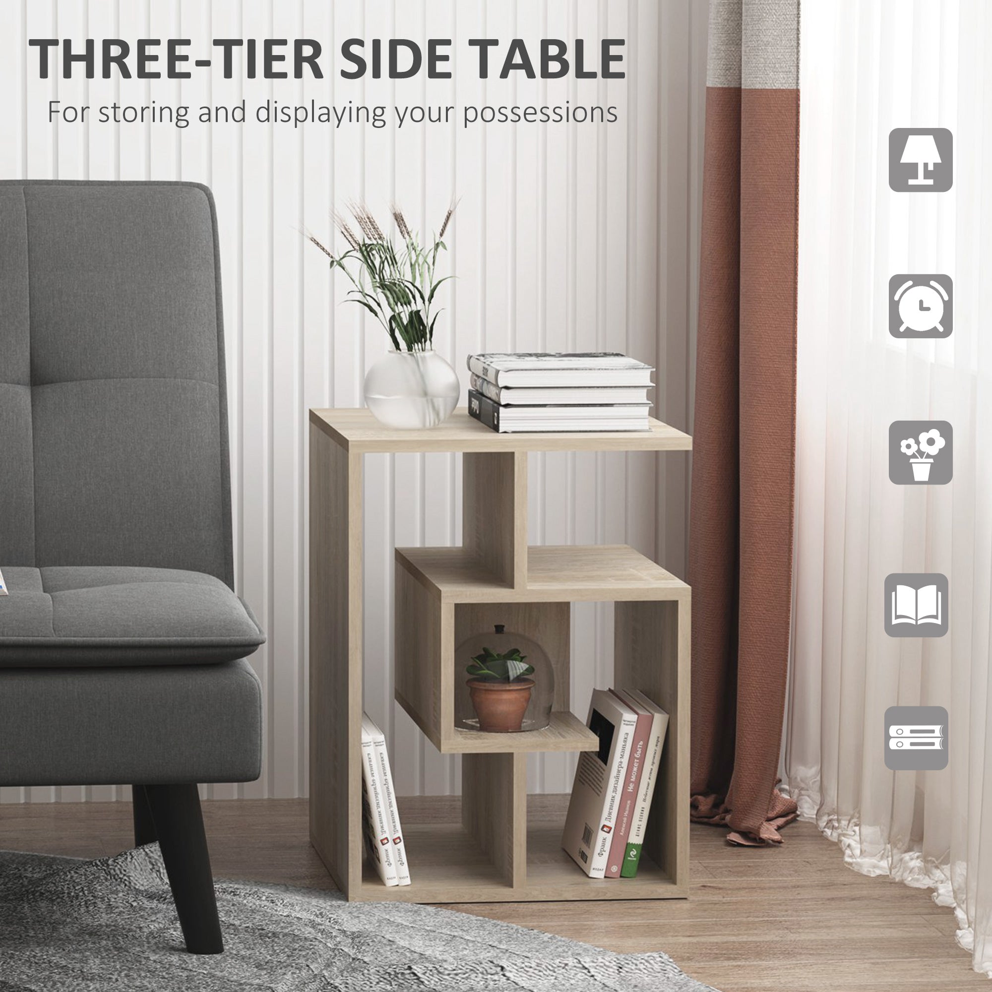 HOMCOM Side Table, 3 Tier End Table with Open Storage Shelves, Living Room Coffee Table Organiser Unit, Oak Colour - North Peak Garden Furniture