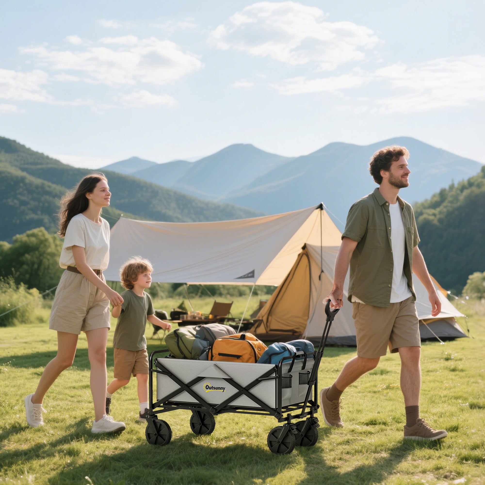 Outsunny Folding Pull Along Cart Cargo Wagon Trolley with Telescopic Handle - Dark Grey - North Peak Garden Furniture