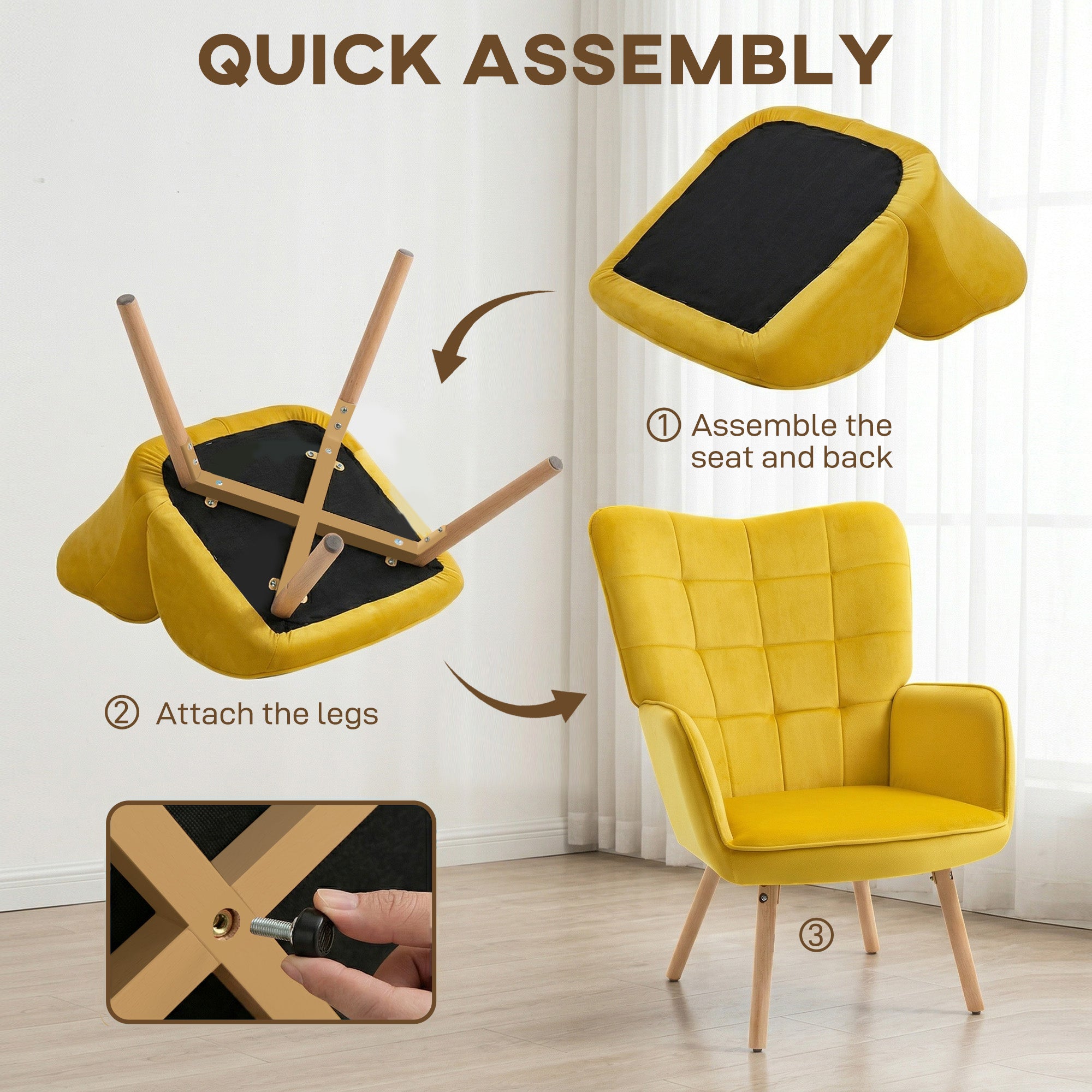 HOMCOM Modern Accent Chair Velvet-Touch Tufted Wingback Armchair Upholstered Leisure Lounge Sofa Club Chair with Wood Legs, Yellow