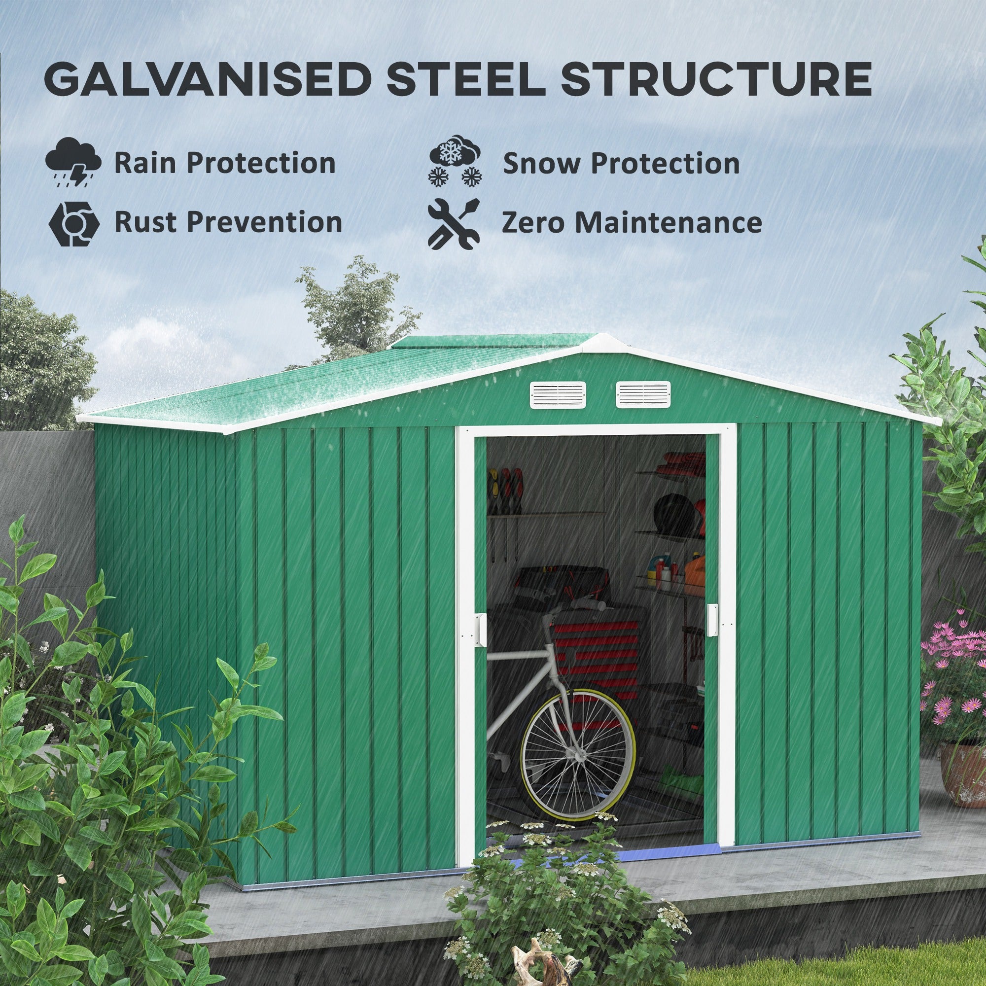 Outsunny 9 x 6ft Metal Garden Shed, Outdoor Storage Tool House with Ventilation Slots, Foundation Kit and Lockable Double Doors, Green - North Peak Garden Furniture