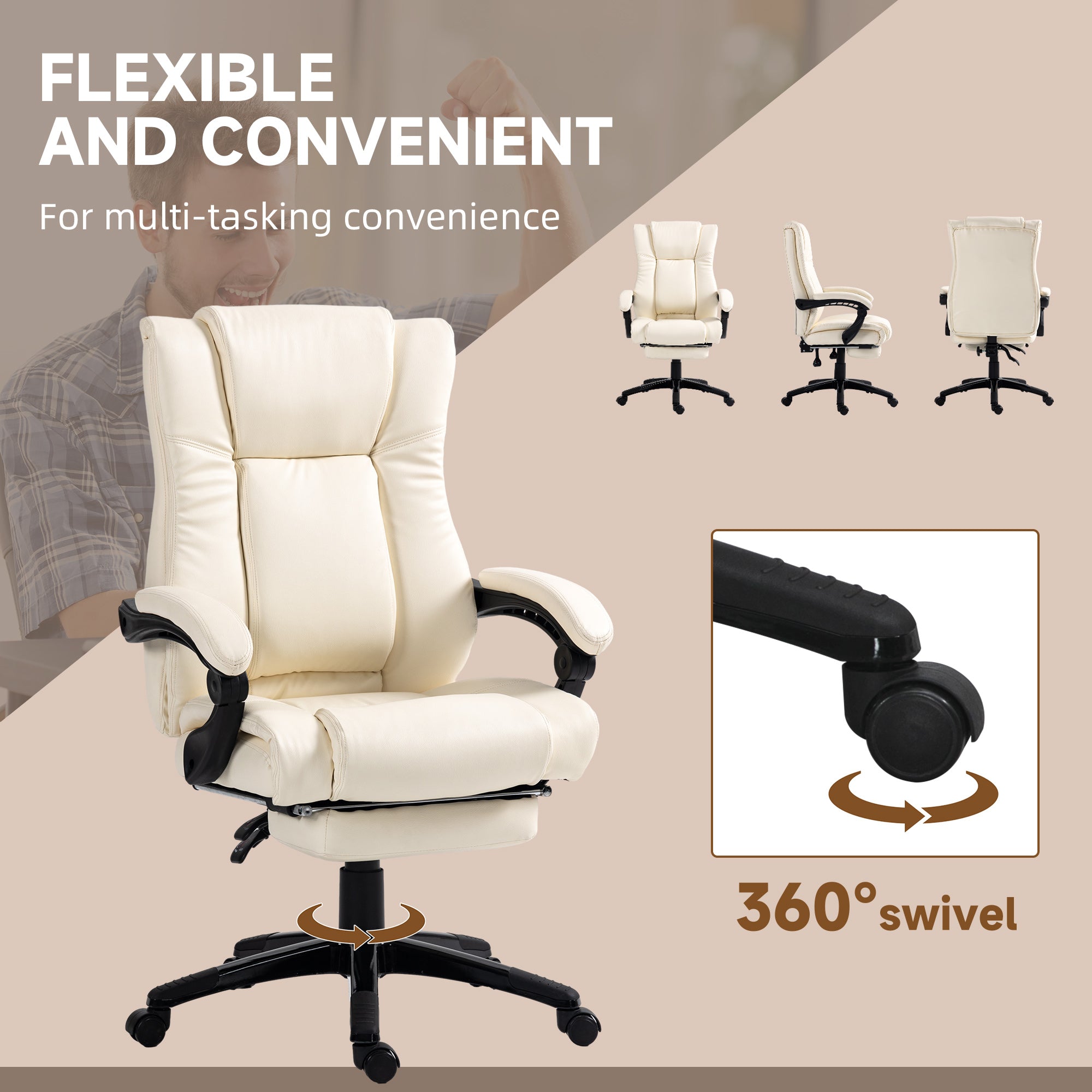 Vinsetto PU Leather Office Chair, Swivel Computer Chair with Footrest, Wheels, Adjustable Height, Cream White - North Peak Garden Furniture