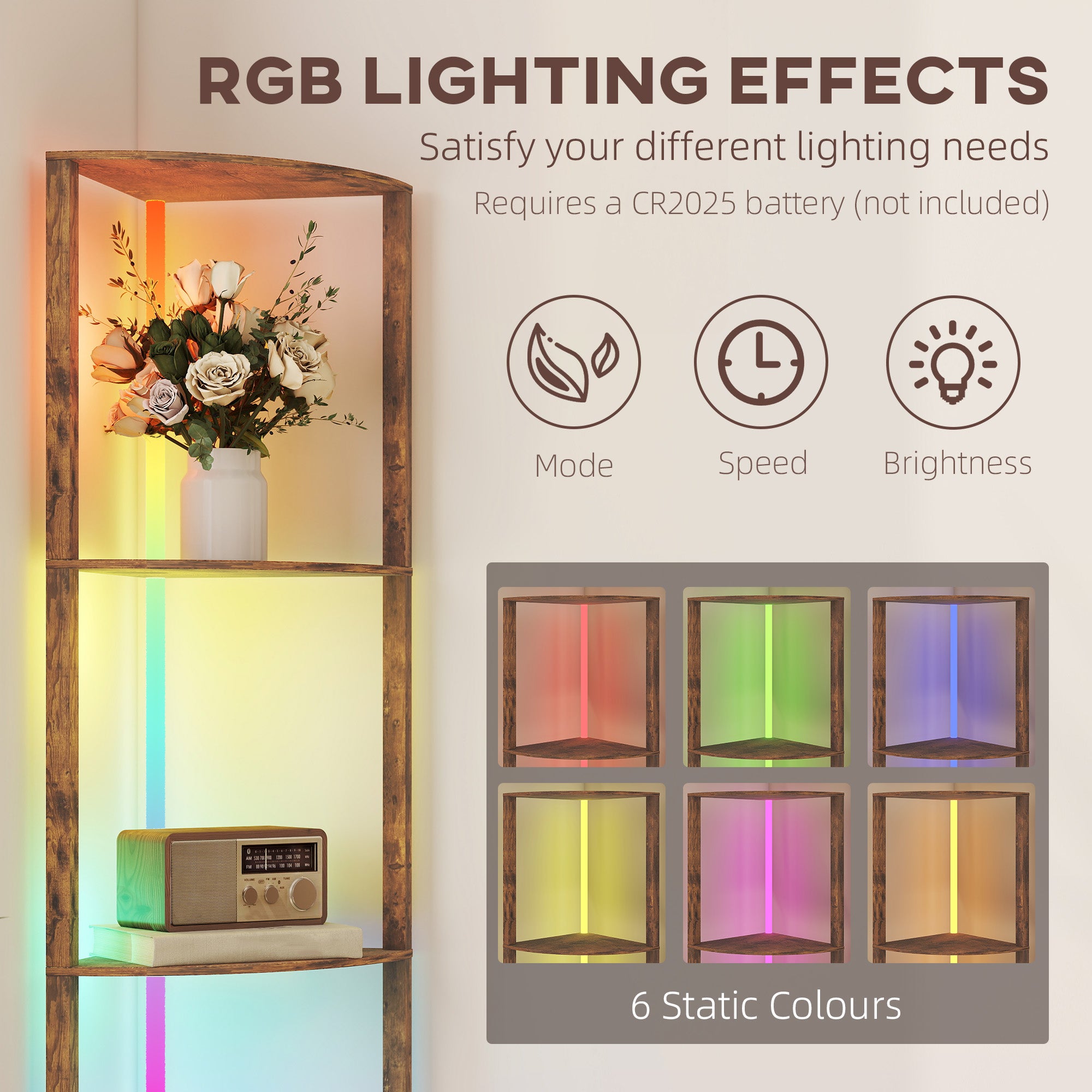 HOMCOM RGB LED Floor Lamp with Shelves, 5-Tier Dimmable Standing Lamp with Adjustable Brightness and Remote Control, Modern Corner Display Shelf Unit for Living Room Bedroom Office, Rustic Brown