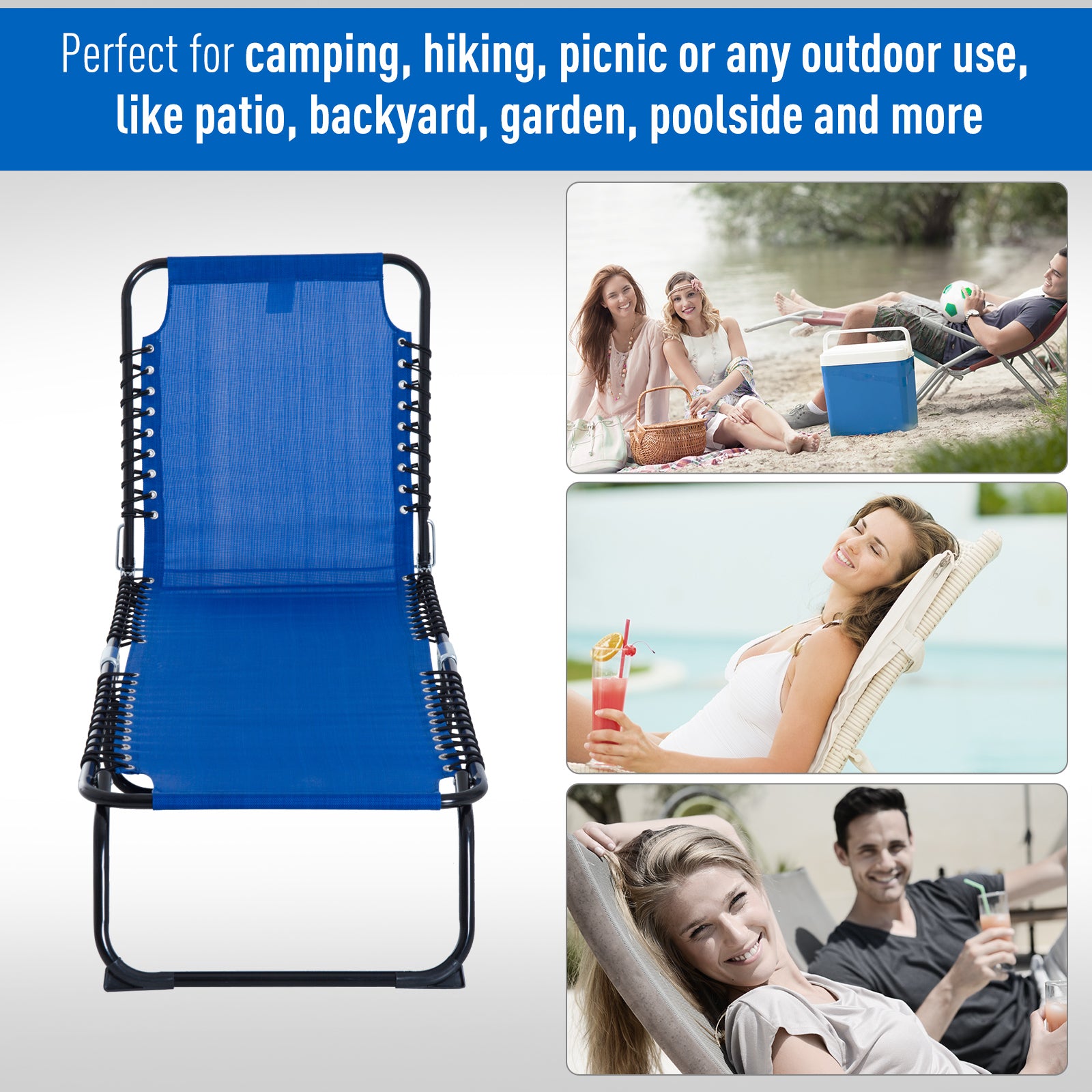 Outsunny Foldable Sun Lounger, Outdoor 4 Level Adjustable Backrest Reclining Chaise Chair, Steel Frame Recliner Chair for Camping, Hiking, Navy Blue - North Peak Garden Furniture