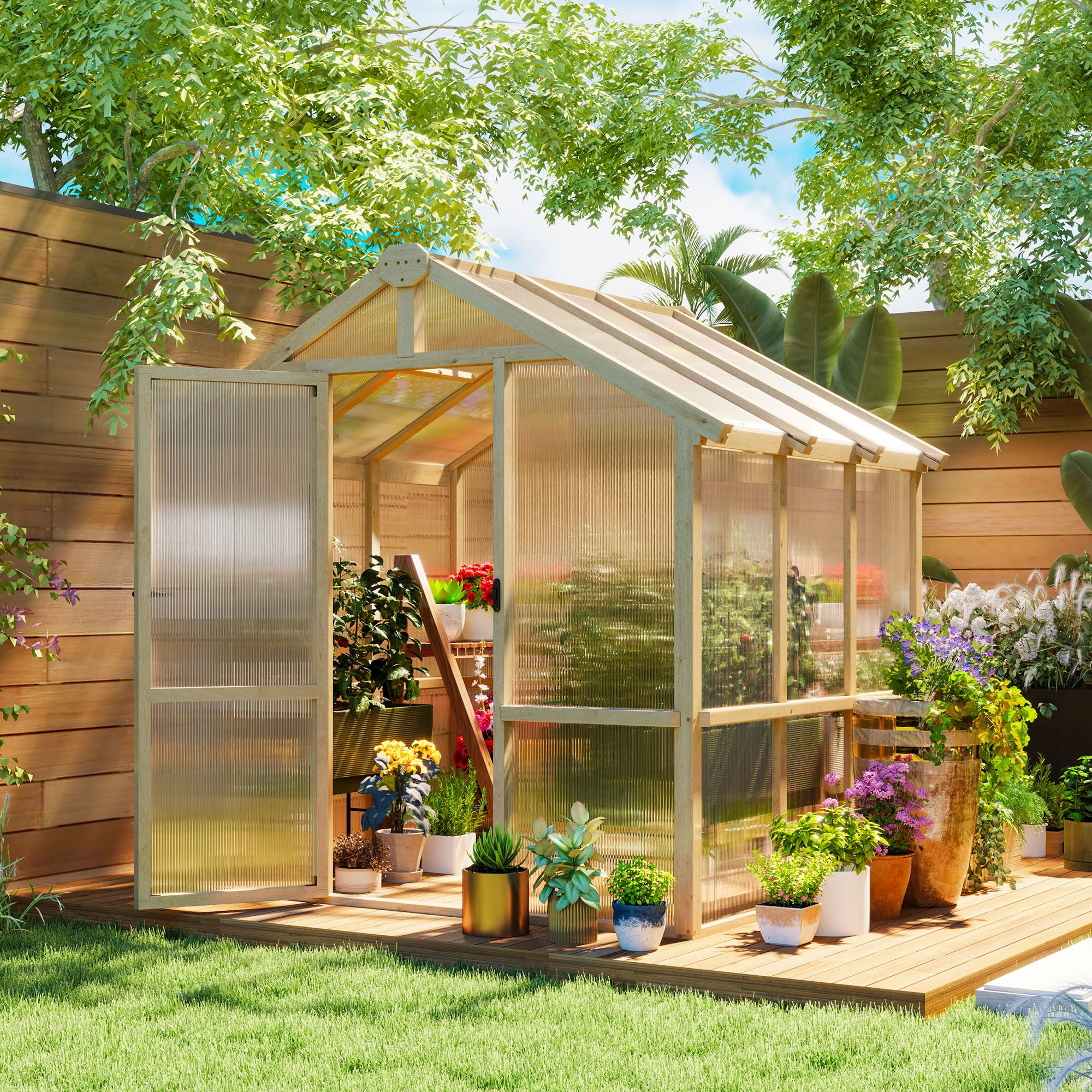 Outsunny 6.6 x 6ft Polycarbonate Greenhouse, Walk-in Wooden Greenhouse with Lockable Door and Window, Garden Plants Grow House, Brown - North Peak Garden Furniture