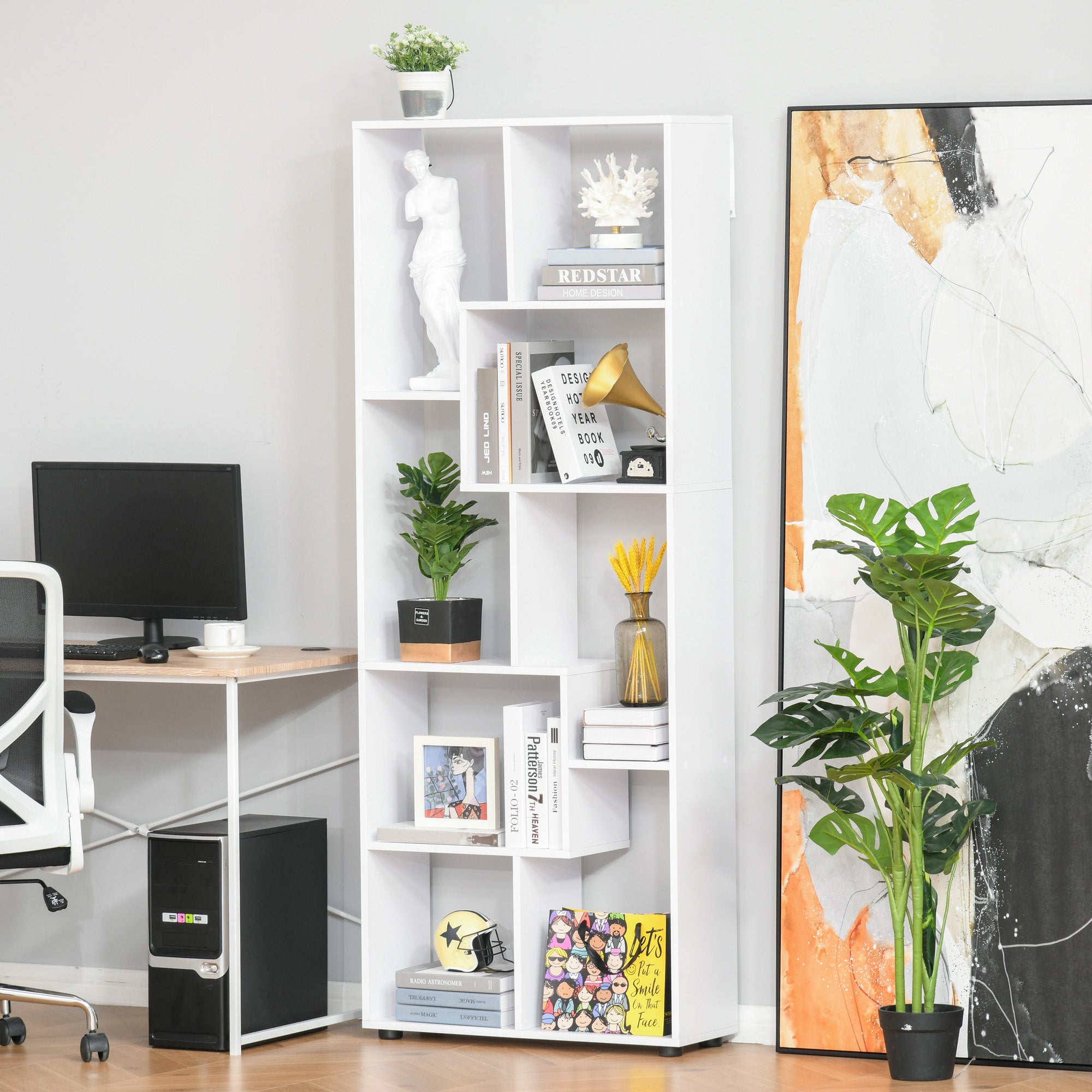 HOMCOM 8-Tier Freestanding Bookcase w/ Melamine Surface Anti-Tipping Foot Pads Home Display Storage Grid Stand Bedroom Living Room Furniture Modern Style - White - North Peak Garden Furniture