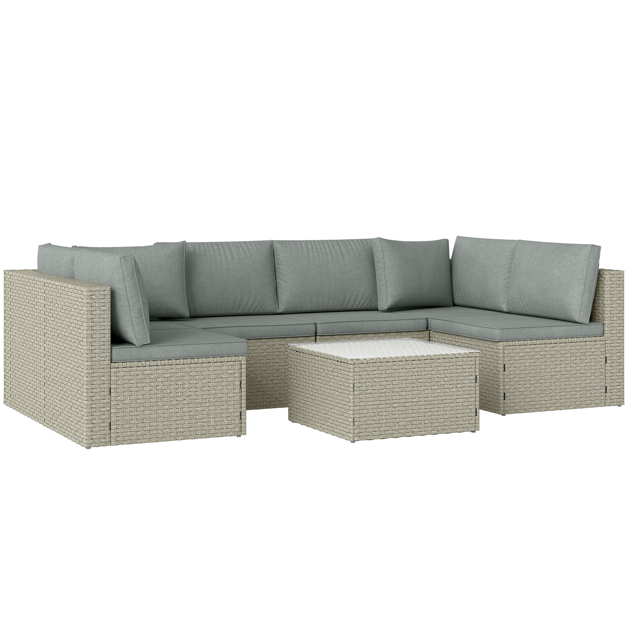 Outsunny 7 Pieces Rattan Garden Furniture Set, 6 Seater Garden Corner Sofa with Wide Seat, Cushions and Glass Top Table, Sectional Outdoor Furniture Conservatory Set for Patio, Light Brown - North Peak Garden Furniture