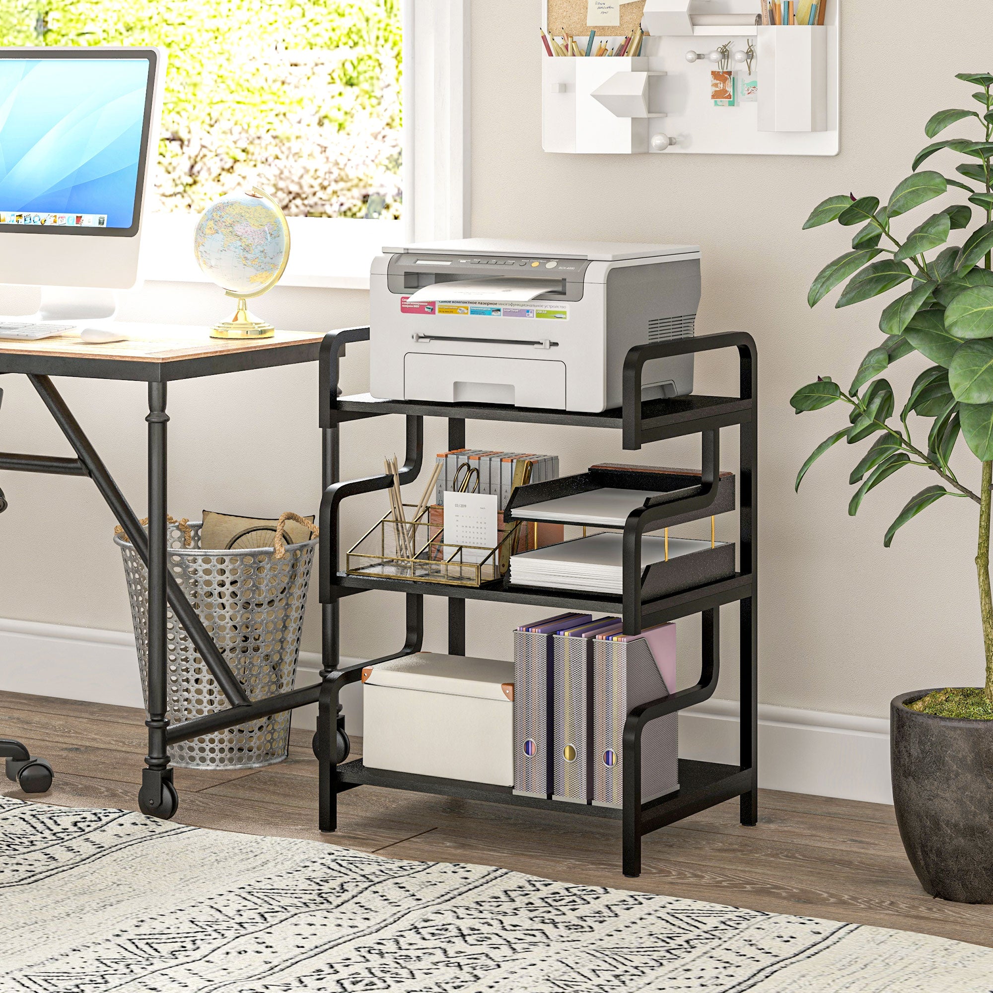 HOMCOM 3-Tier Printer Stand with Storage Shelves, Printer Table, 55 x 40 x 77cm Printer Shelf for Home Office, Study, Black - North Peak Garden Furniture