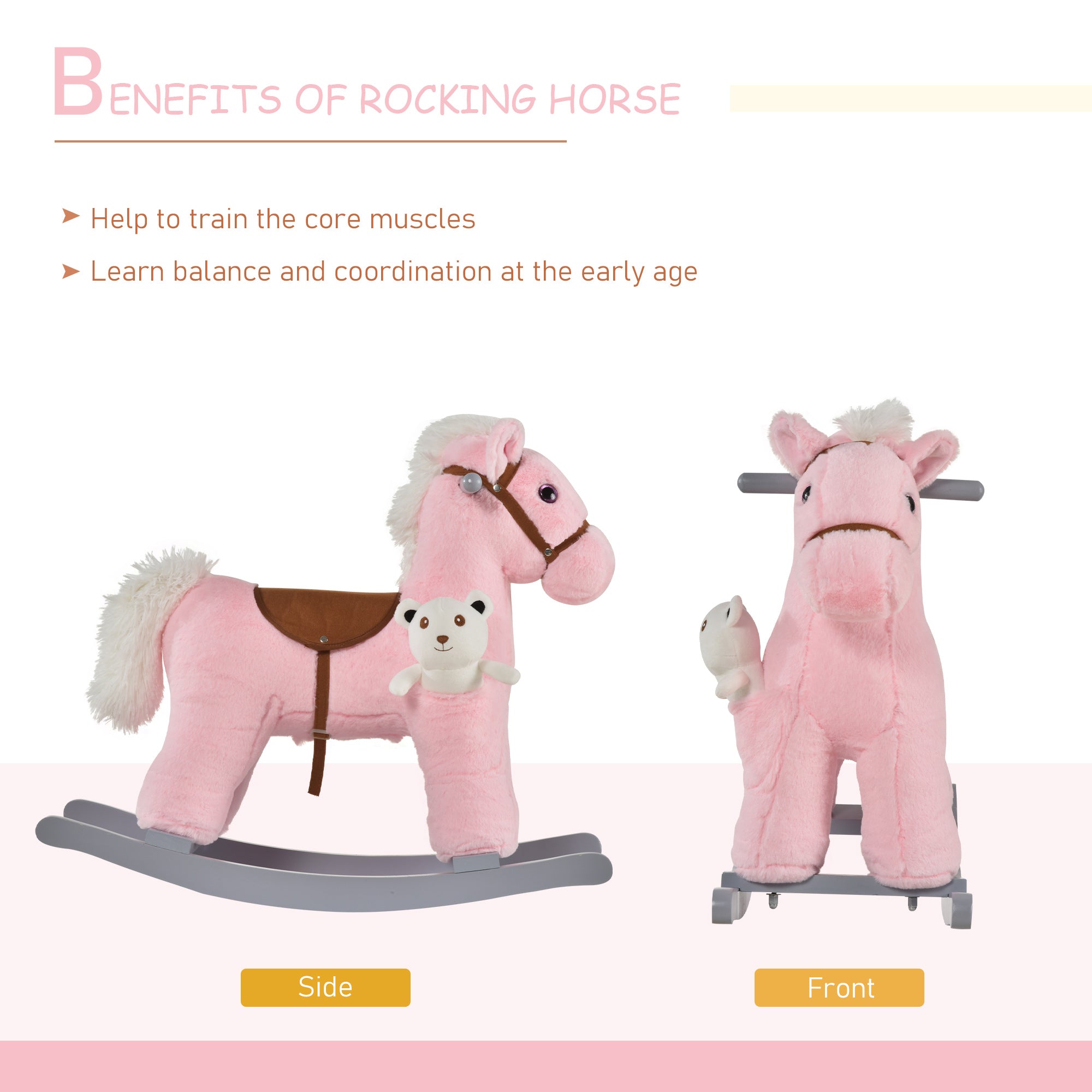 HOMCOM Kids Plush Ride-On Rocking Horse Toy Rocker with Plush Toy Realistic Sounds for Child 18-36 Months Pink - North Peak Garden Furniture