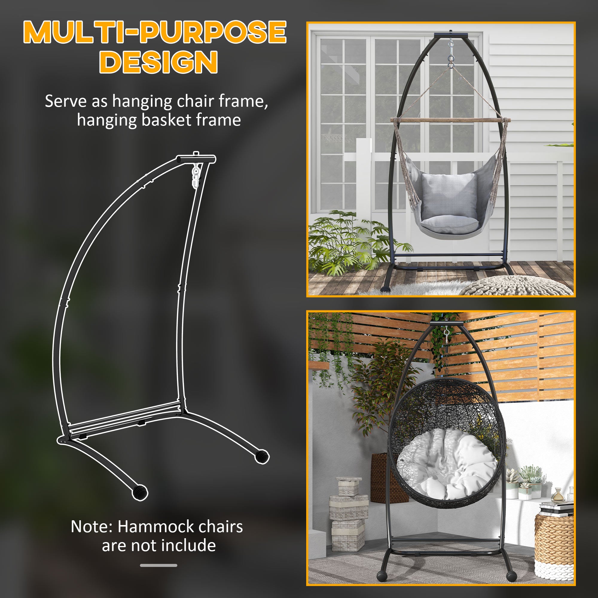 Outsunny Hammock Chair Stand, C Shape Hanging Heavy Duty Metal Frame Hammock Stand for Hanging Hammock Air Porch Swing Chair, Indoor & Outdoor Use, Black - North Peak Garden Furniture