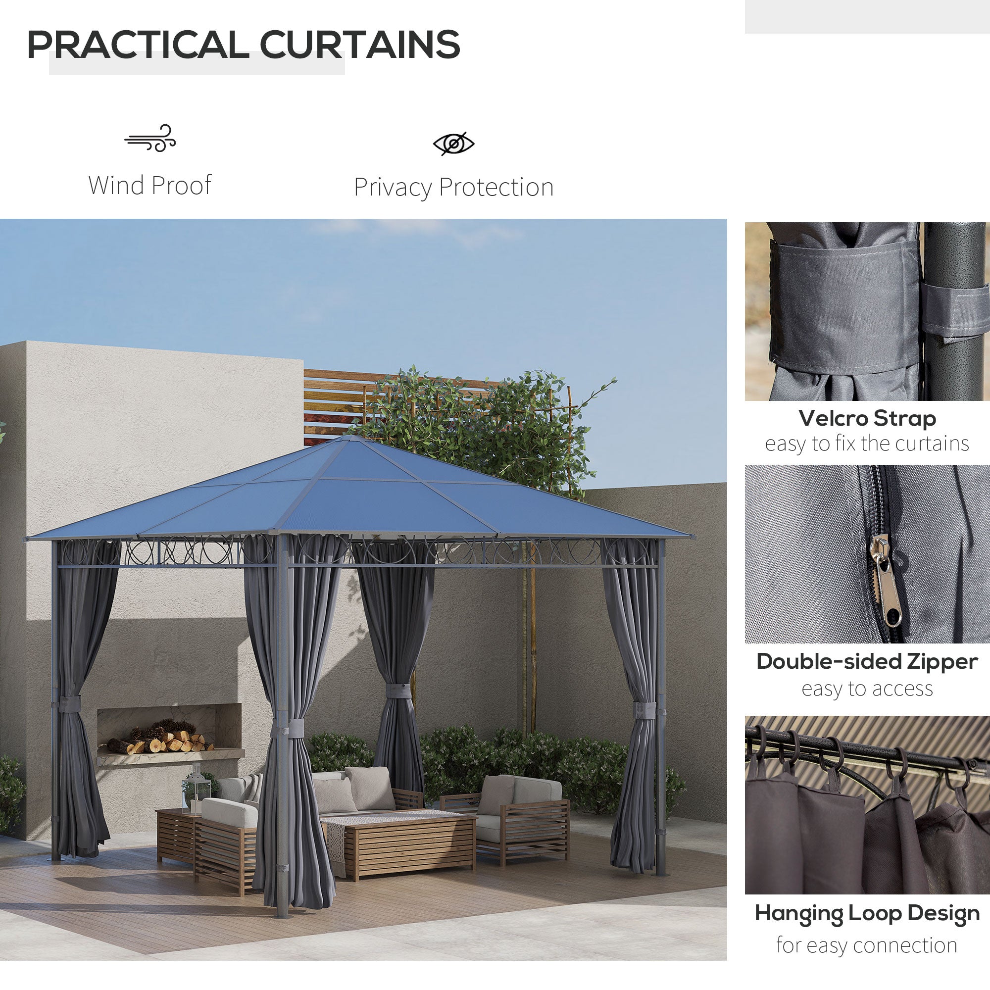Outsunny 3 x 3(m) Hardtop Gazebo Canopy with Polycarbonate Roof, Permanent Pavilion Garden Gazebo with Curtains for Patio, Deck, Grey - North Peak Garden Furniture
