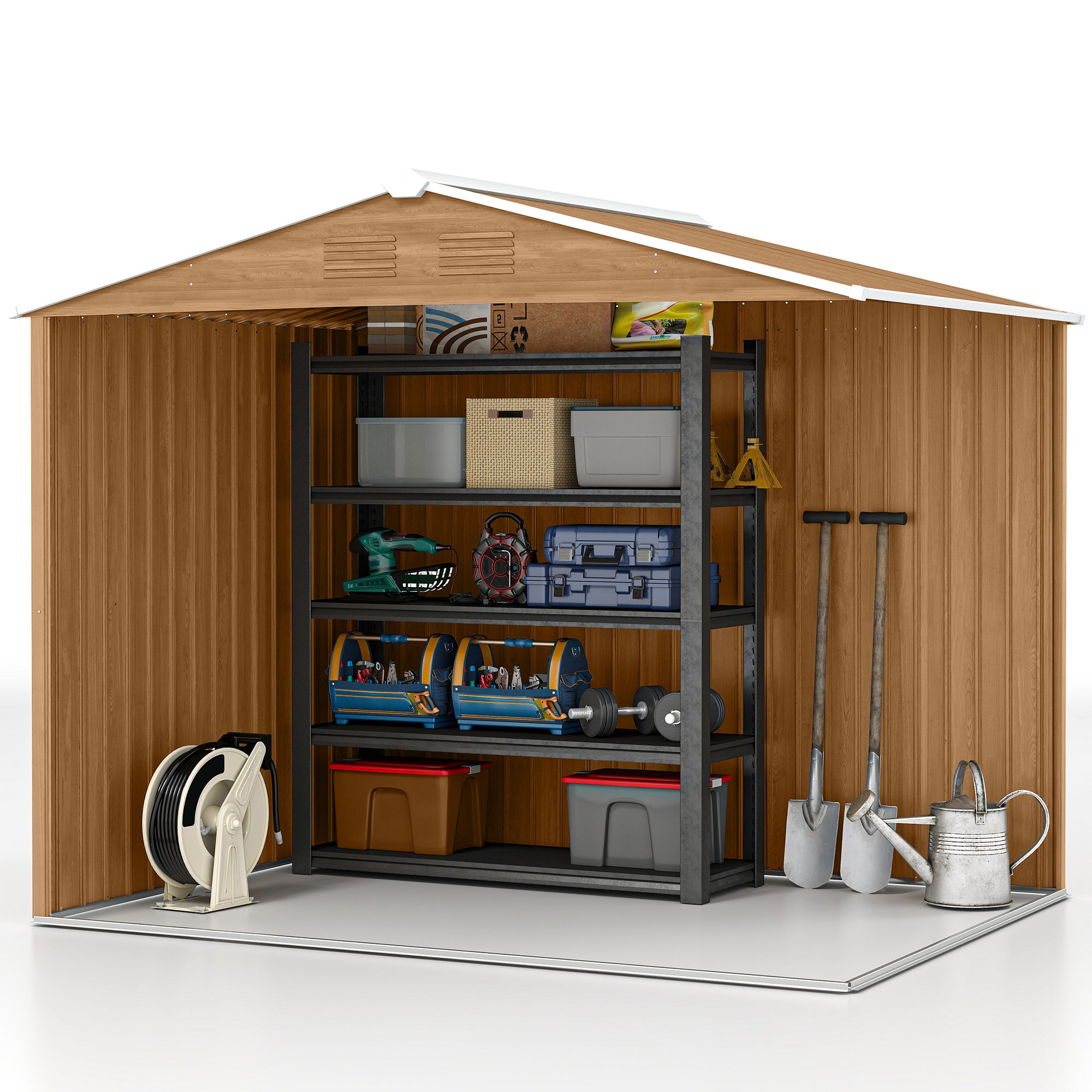 Outsunny 8 x 6ft Outdoor Garden Storage Shed, Metal Tool House with Ventilation and Sliding Doors Chocolate Wood Effect