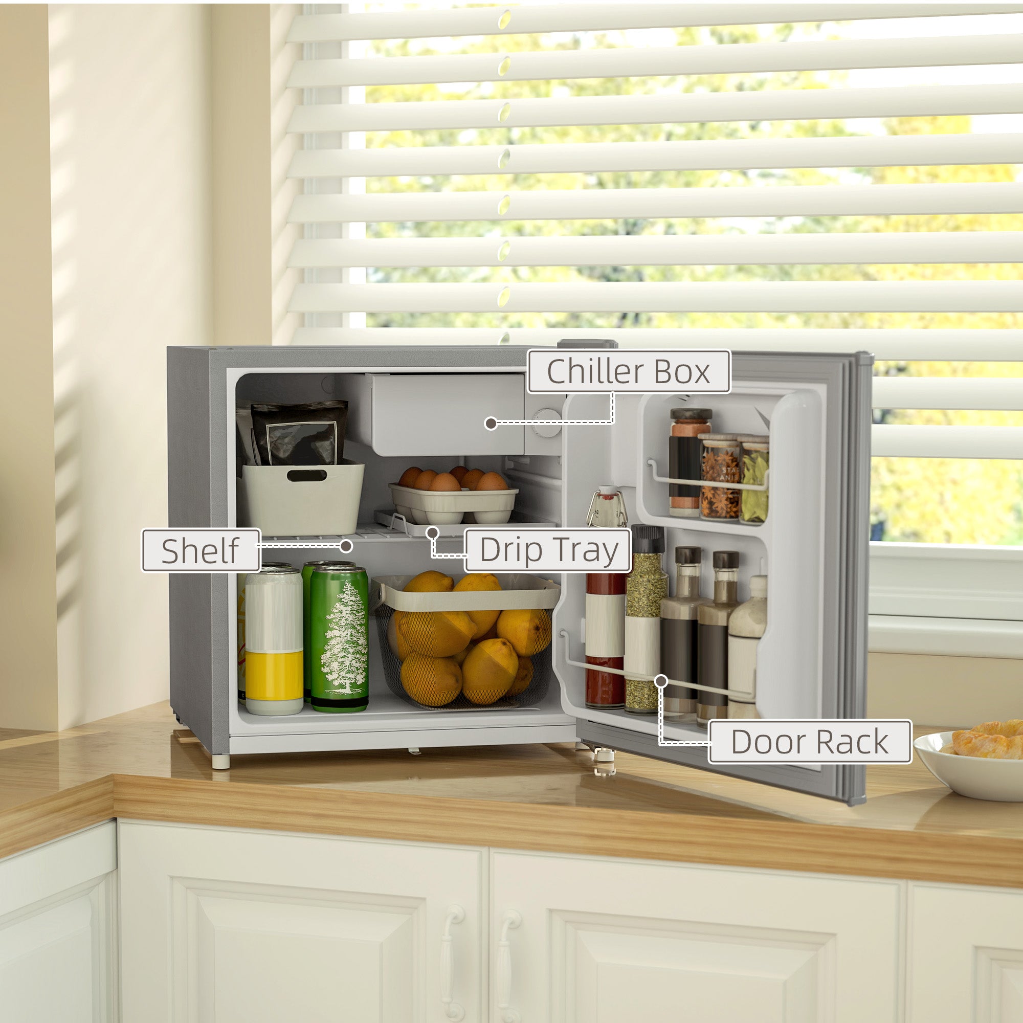 HOMCOM 46 Litre Lockable Countertop Fridge - Grey - North Peak Garden Furniture
