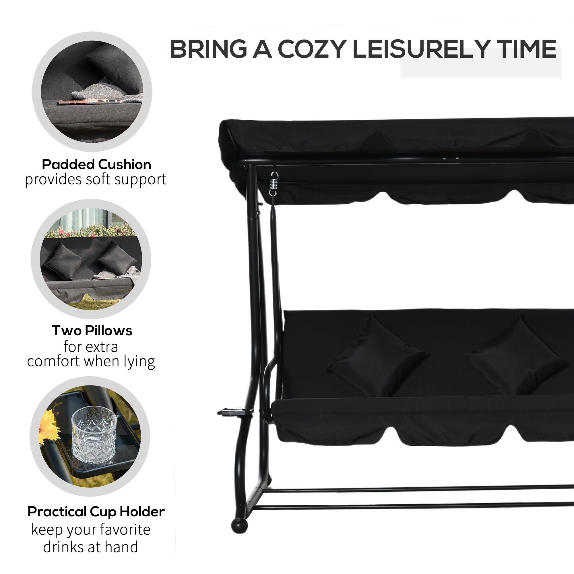 Outsunny Three-Seater Garden Swing Bed - Black