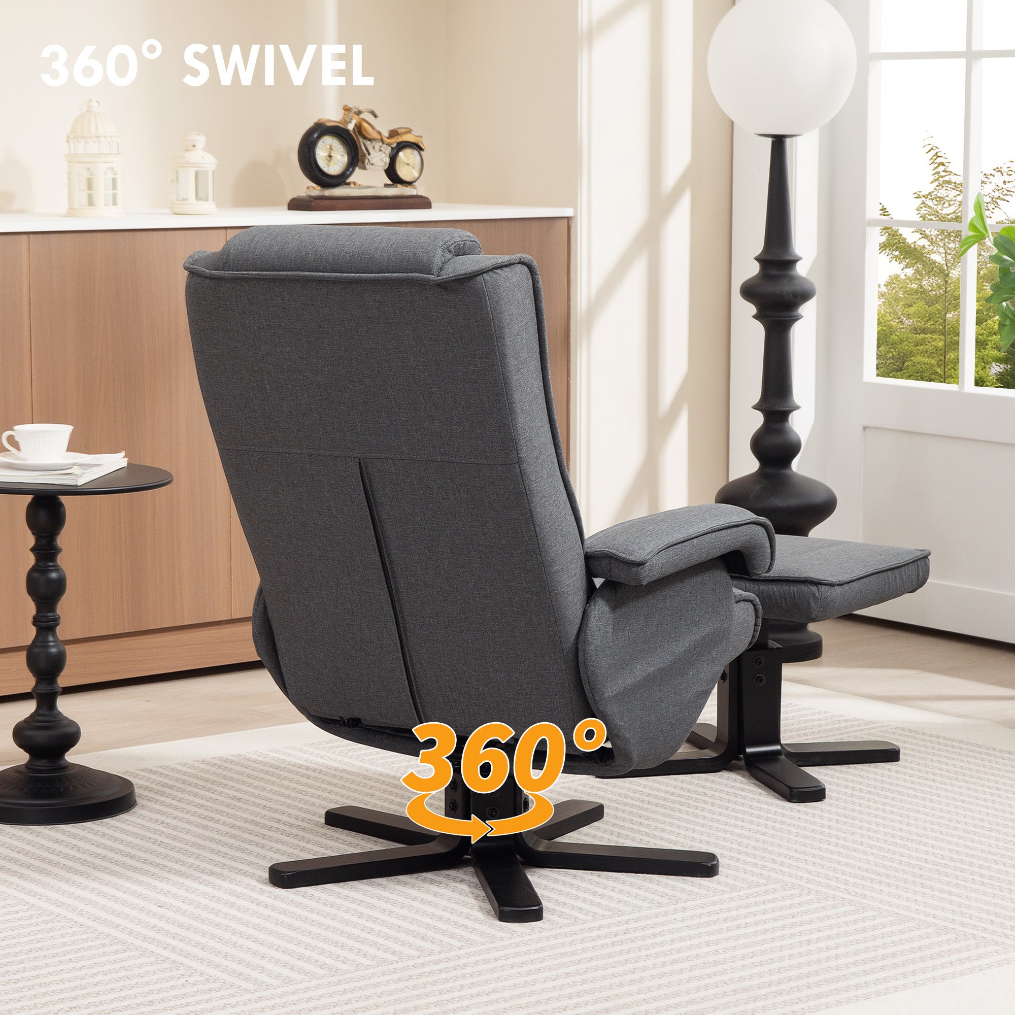 HOMCOM Rocker Swivel Recliner Chair with Footstool - Charcoal Grey Linen - North Peak Garden Furniture