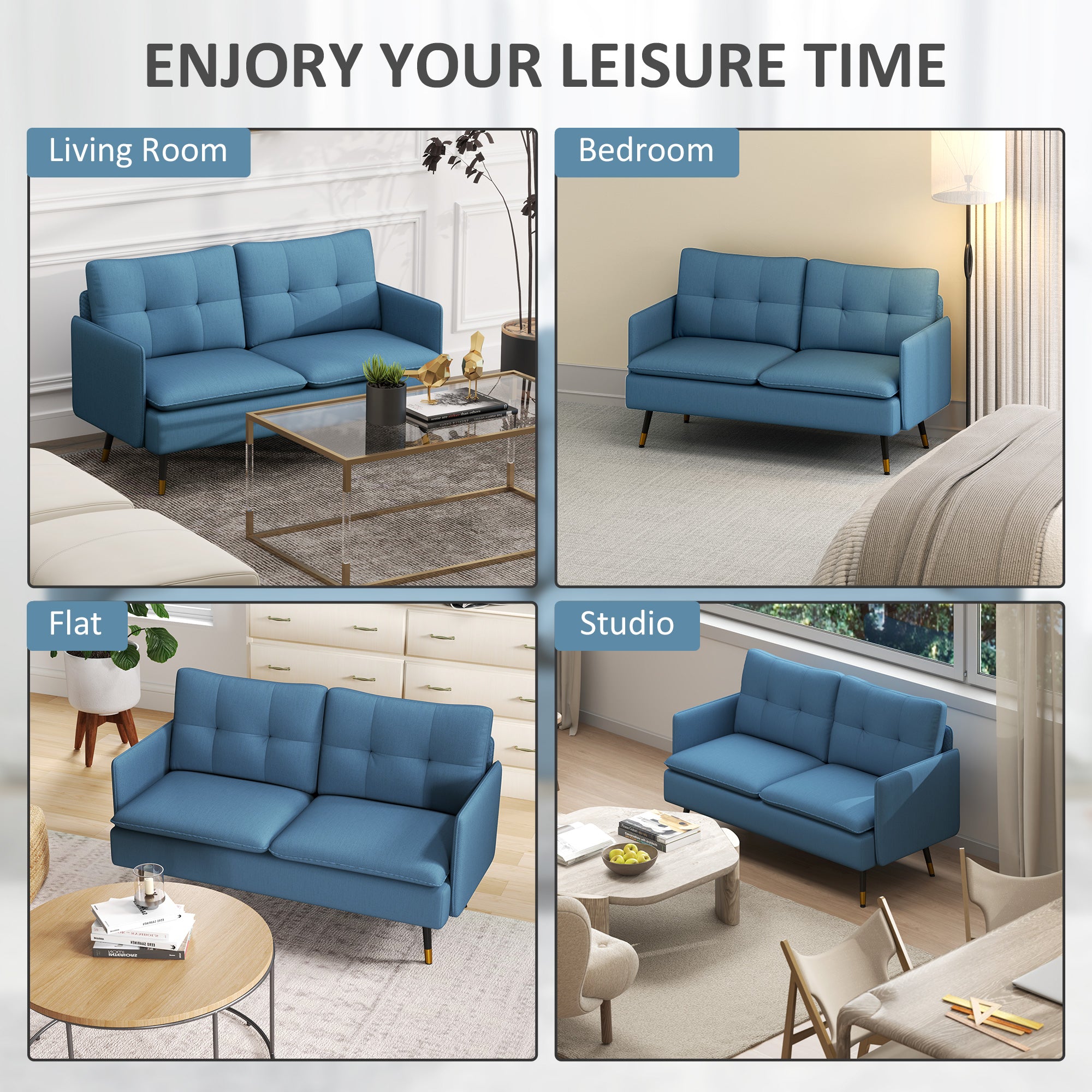 HOMCOM Modern Two Seater Sofa, Button Tufted Loveseat with Cushions and Steel Legs for Living Room, Guest Room, Dark Blue - North Peak Garden Furniture
