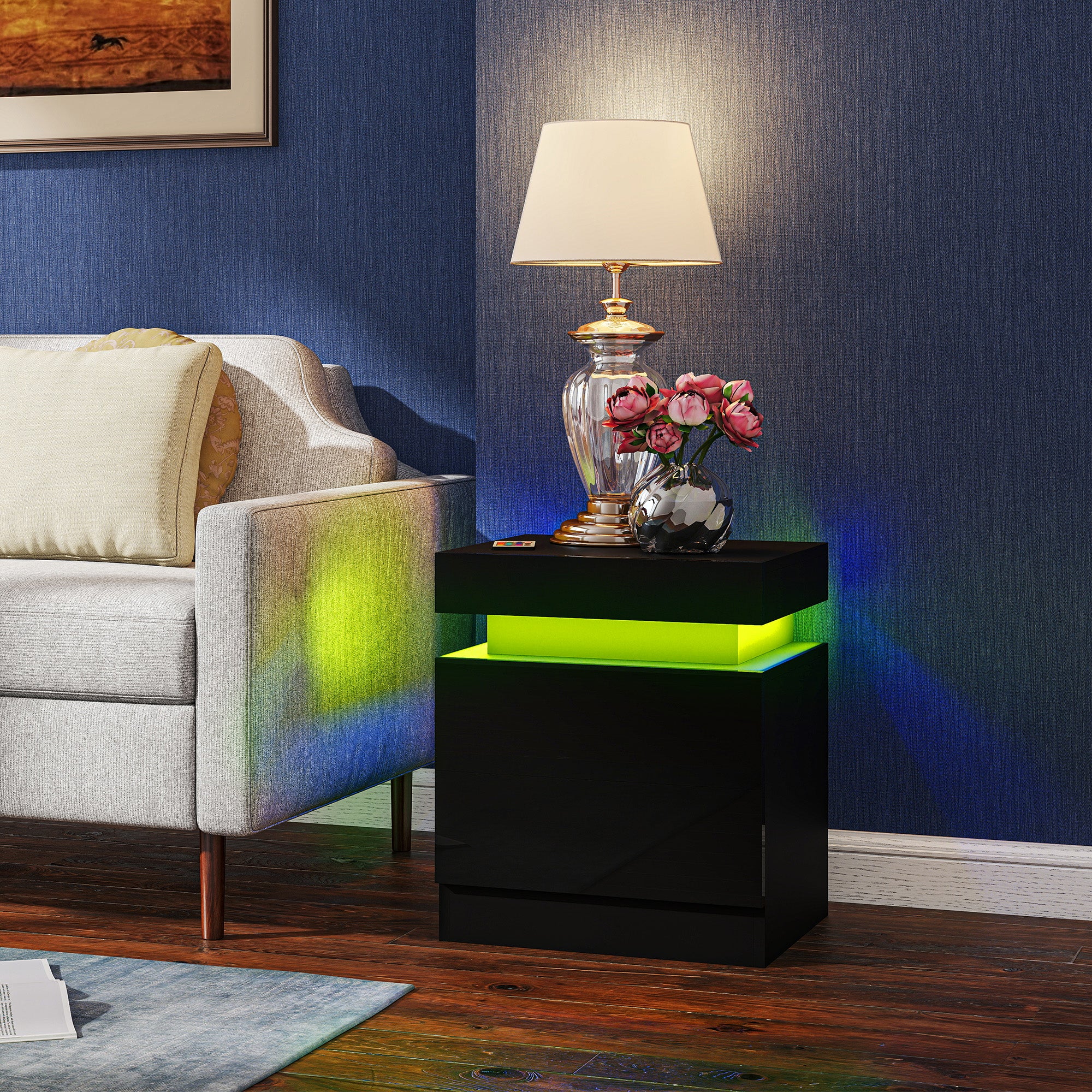 HOMCOM Black Bedside Table with LED Light, High Gloss Front Nightstand with 2 Drawers, for Living Room, Bedroom, Set of 2