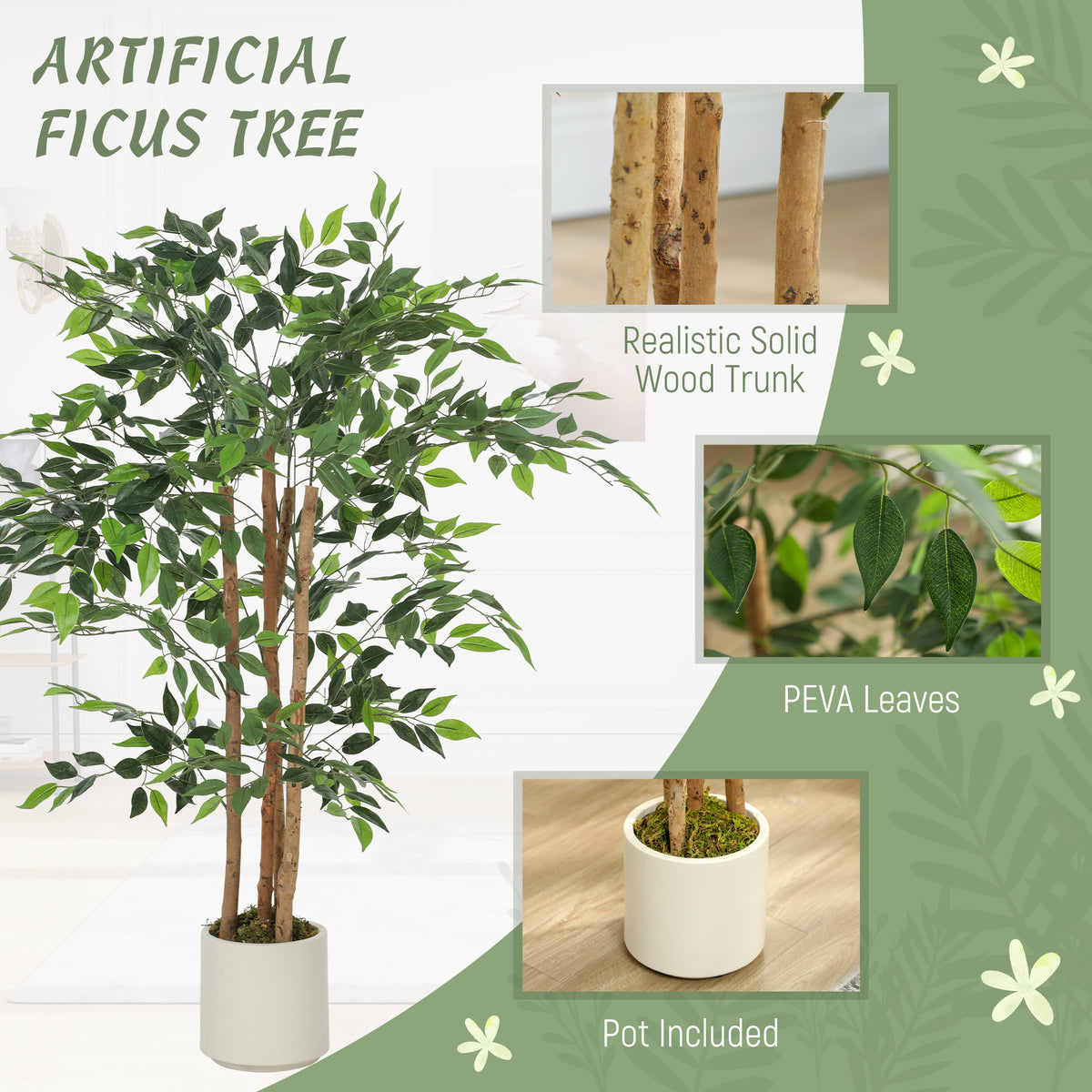 HOMCOM 120cm Artificial Ficus Tree, Fake Potted Tree with Solid Wood Trunk and Pot for Indoor, Green