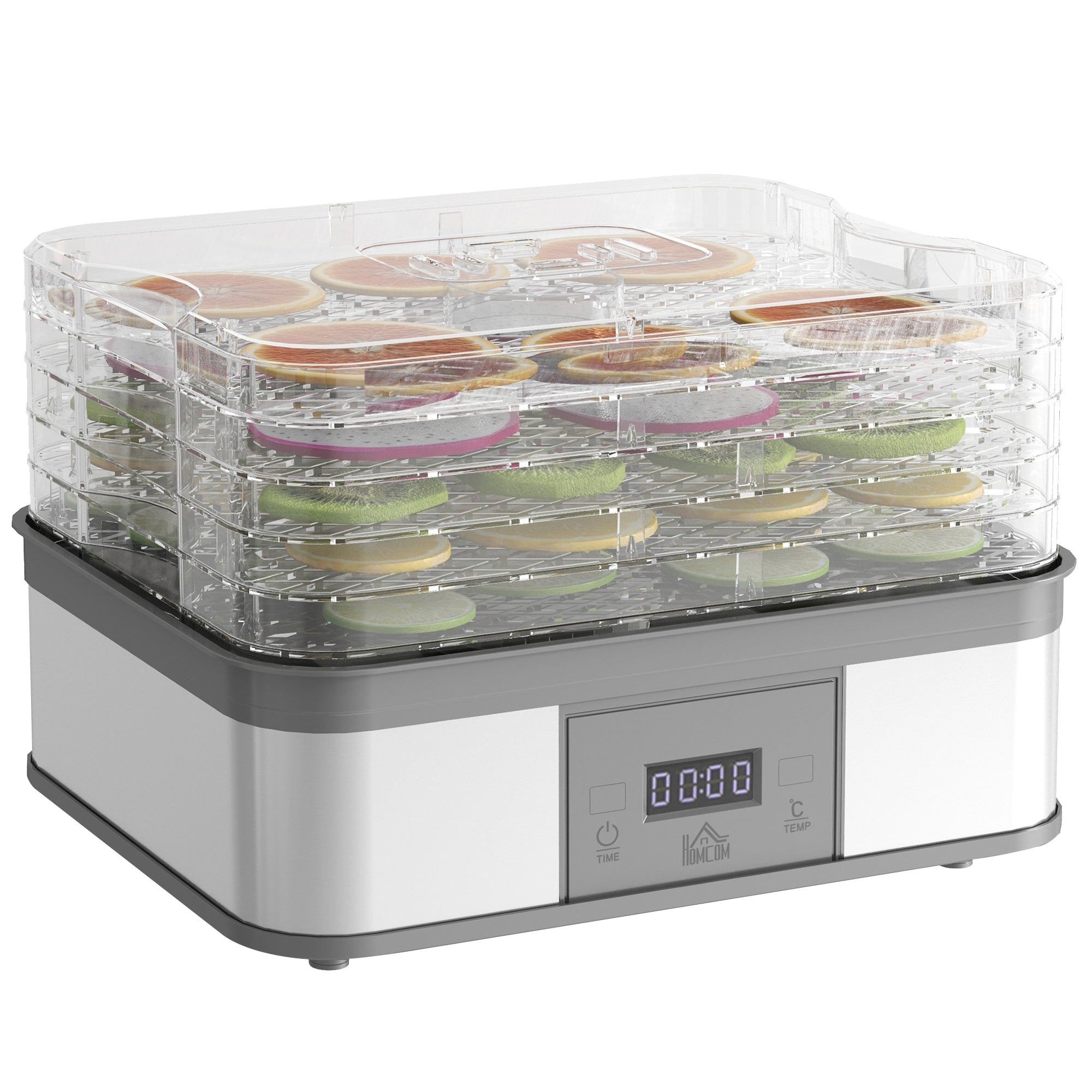 HOMCOM 5 Tier Food Dehydrator, 245W Stainless Steel Food Dryer Machine with Adjustable Temperature, Timer and LCD Display for Drying Fruit, Meat, Vegetable, Jerky and Pet Treat, Grey - North Peak Garden Furniture