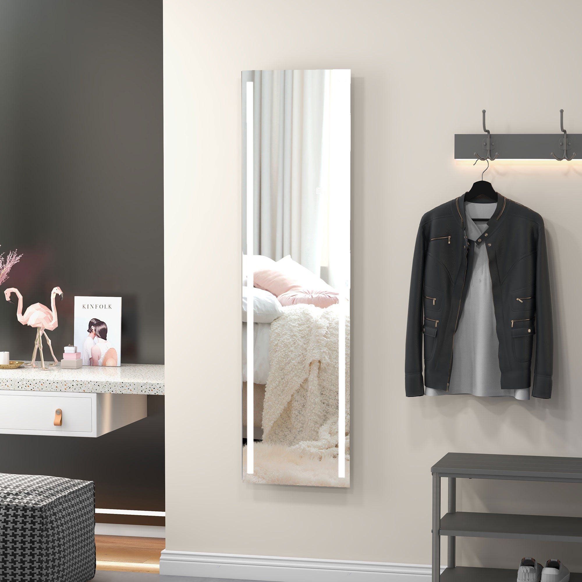 HOMCOM Standing Dressing Mirror with LED Lights, Wall Dressing Mirror for Bedroom with Dimmable and 3 Colour Lighting, White - North Peak Garden Furniture