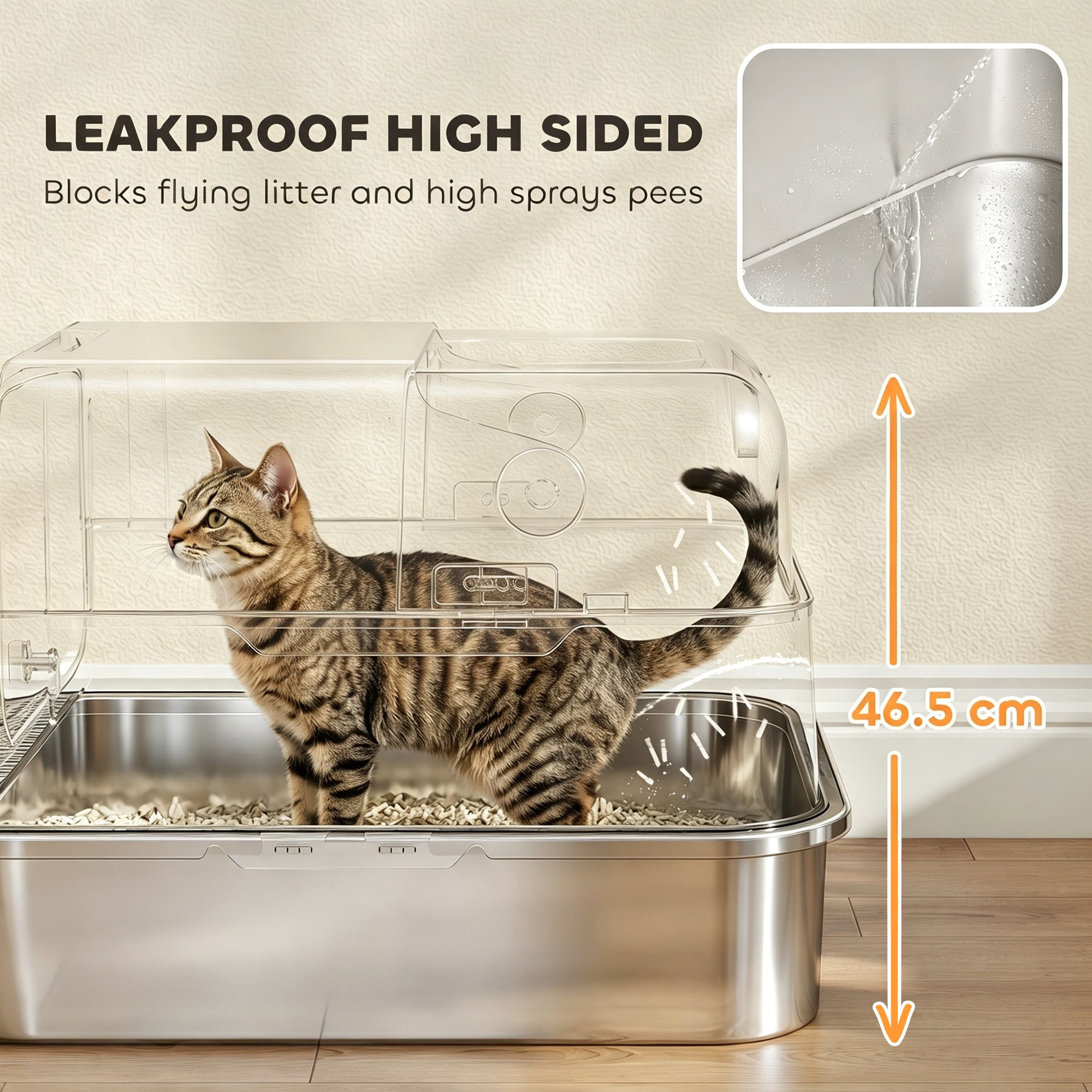 PawHut XXL Stainless Steel Cat Litter Tray, Enclosed Cat Litter Box with 90° Flip Cover, Double Doors, Scoop, Easy Clean, Grey