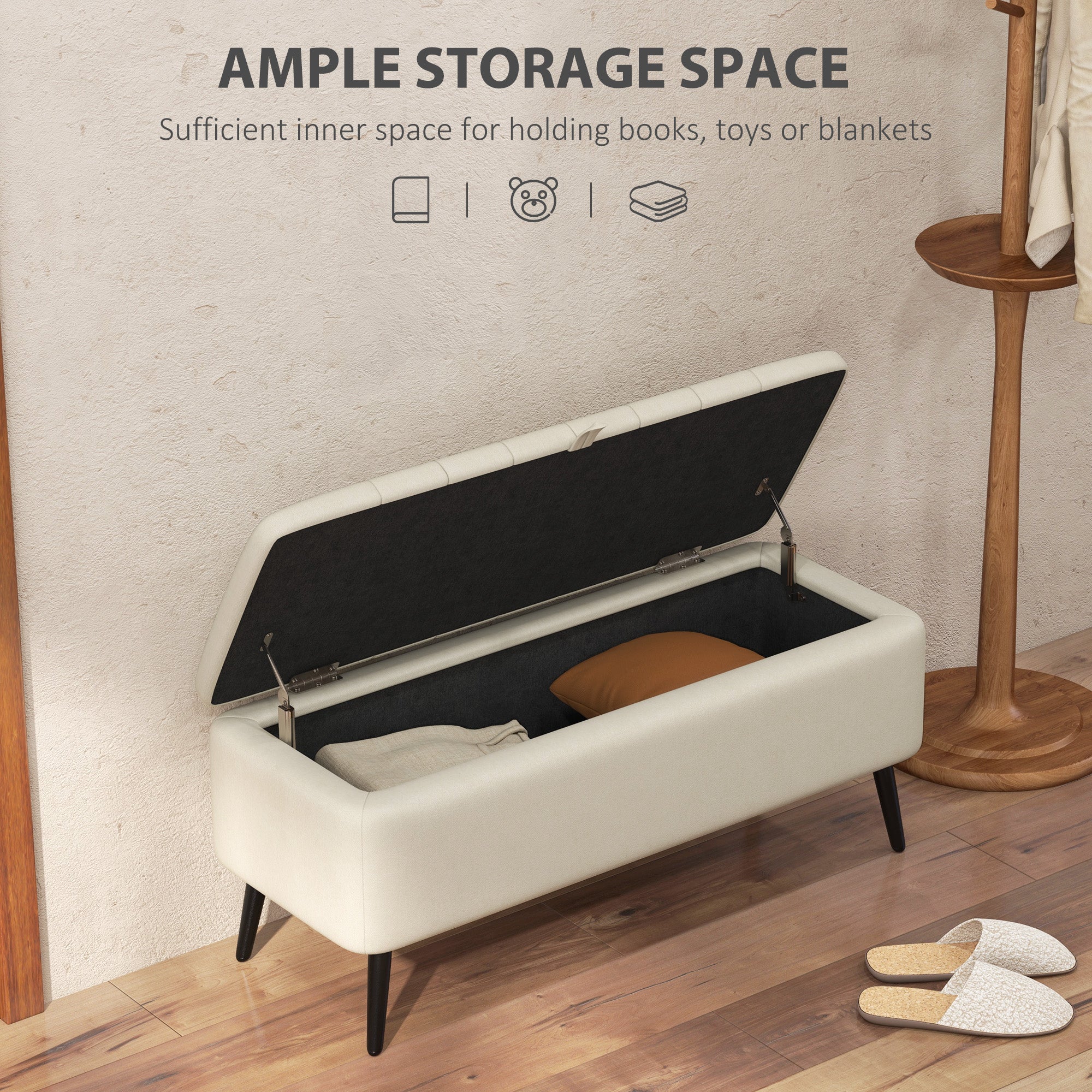 HOMCOM Linen-Look 92 x 31cm Storage Ottoman - Cream White - North Peak Garden Furniture
