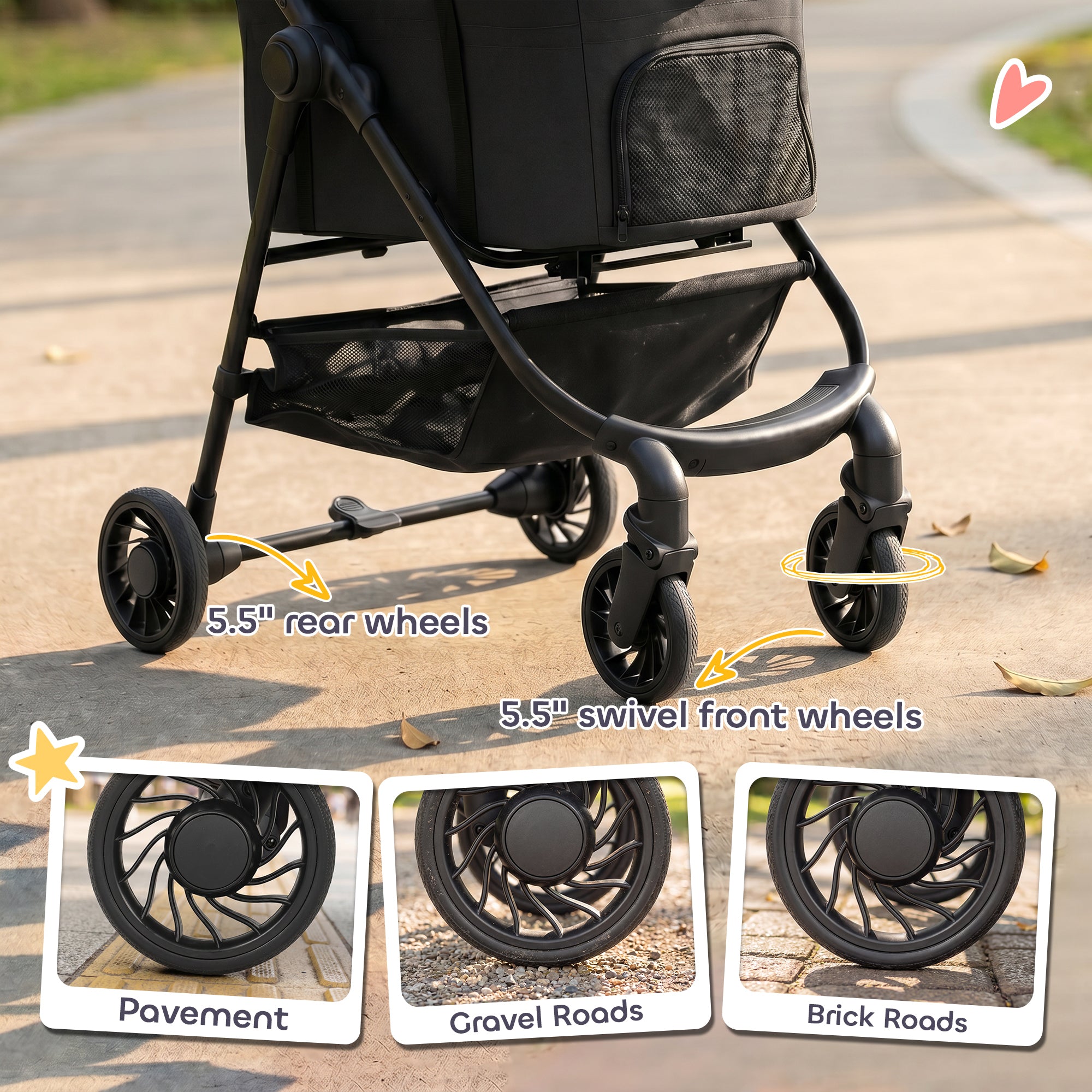 PawHut Dog Stroller, 3 in 1 Foldable Pet Stroller for Small Puppy Cat with Detachable Travel Carrier, Storage Basket, Black