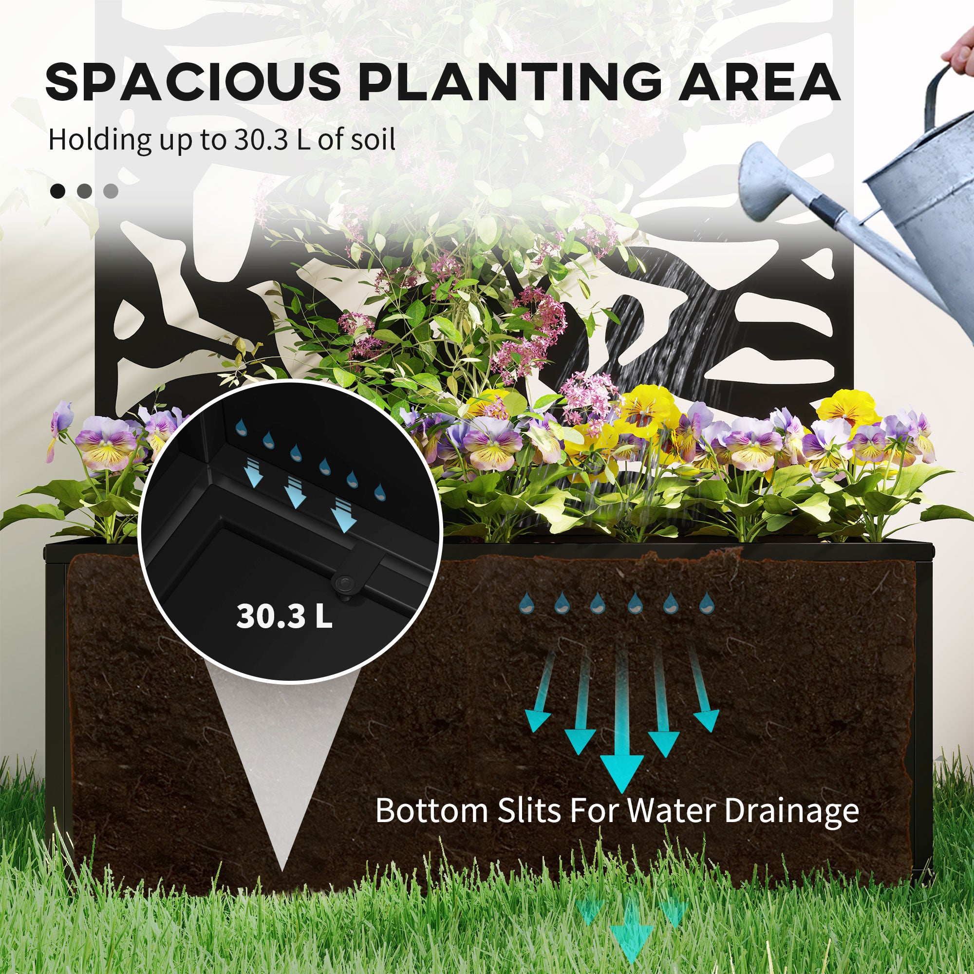 Outsunny Metal Garden Bed with Trellis, Wall Mounted or Freestanding Raised Planter with Privacy Panel, Black