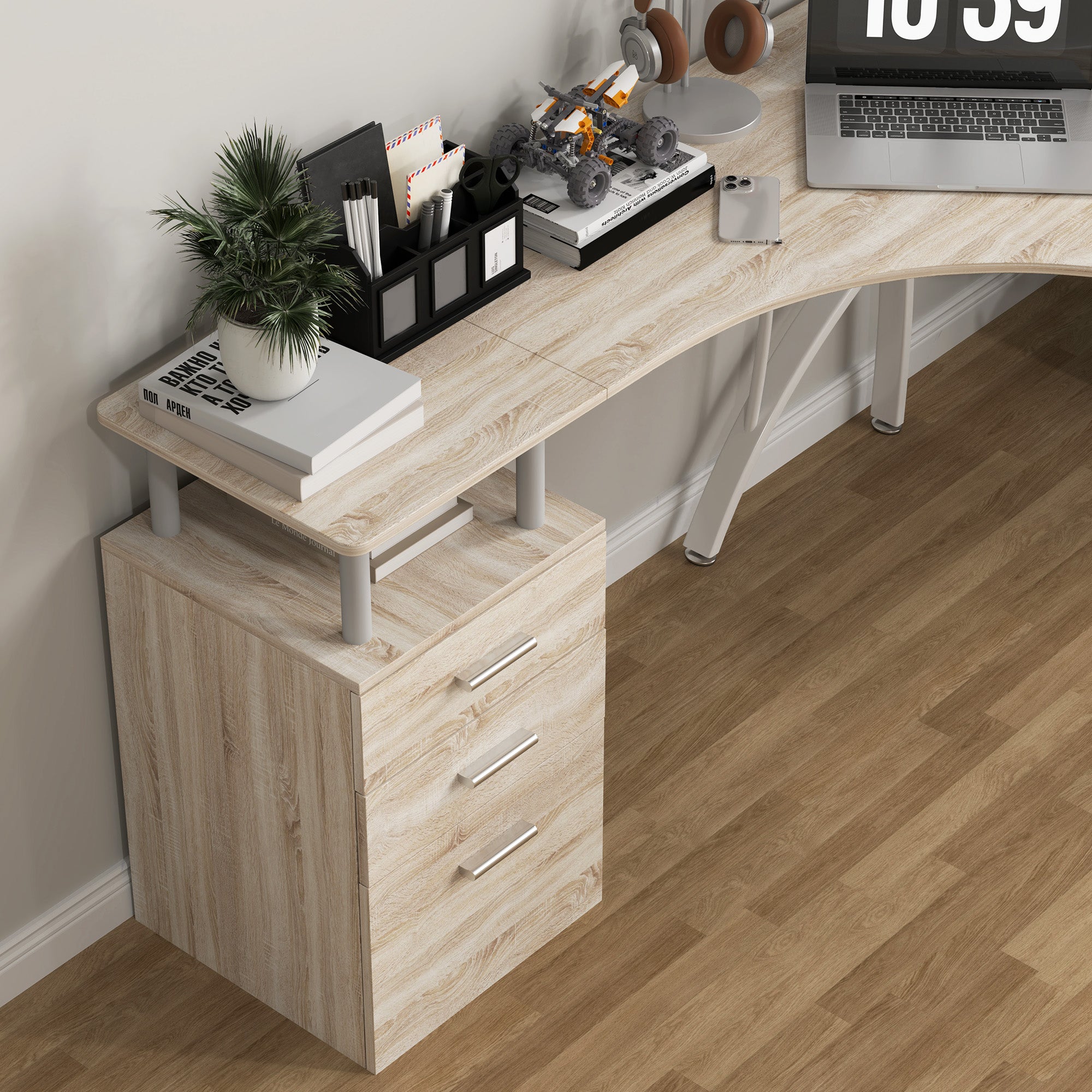HOMCOM L-Shaped Computer Desk Table with Storage Drawer, Home Office Desk Corner Industrial Style Workstation for A4 Files 143.5 x 143.5 x 76cm, Oak - North Peak Garden Furniture