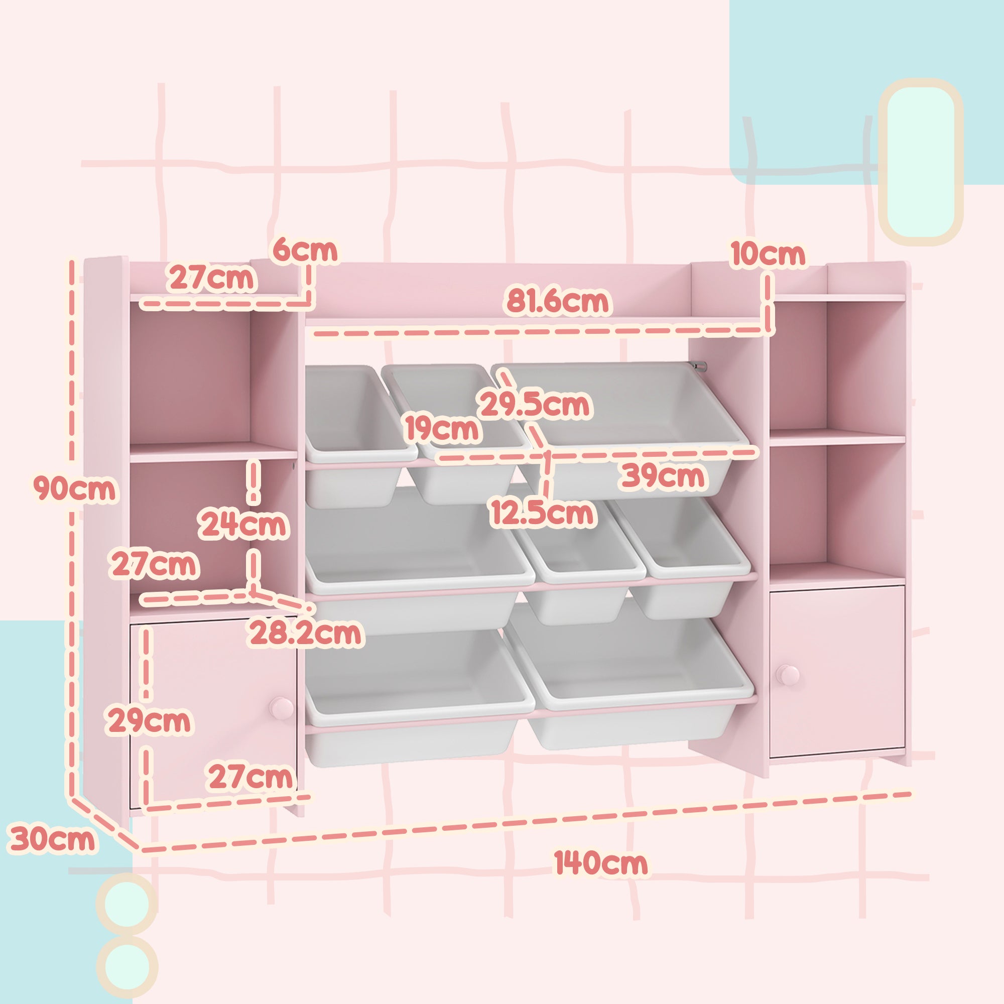 AIYAPLAY Kids Toy Organizers and Storage with 8 Removable Storage Bins and Bookshelf, Pink