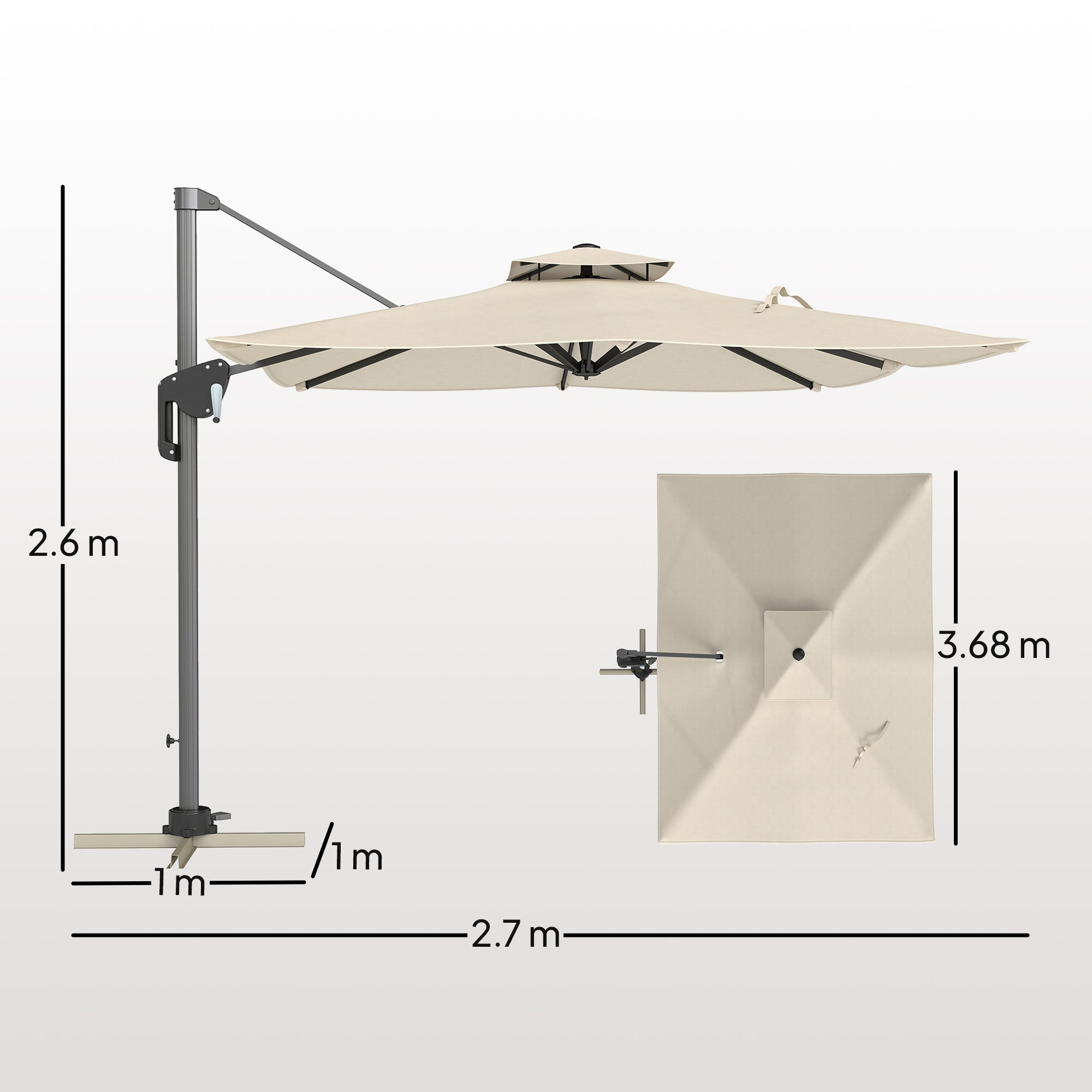 Outsunny 3.7 x 2.7 m Cantilever Parasol w/ 360° Rotation and Easy Tilt Adjustment, Aluminium Hanging Offset Outdoor Umbrella w/ Double Top and Cross Base, UPF50+ Hanging Sun Shade, Grey Wood Effect - North Peak Garden Furniture