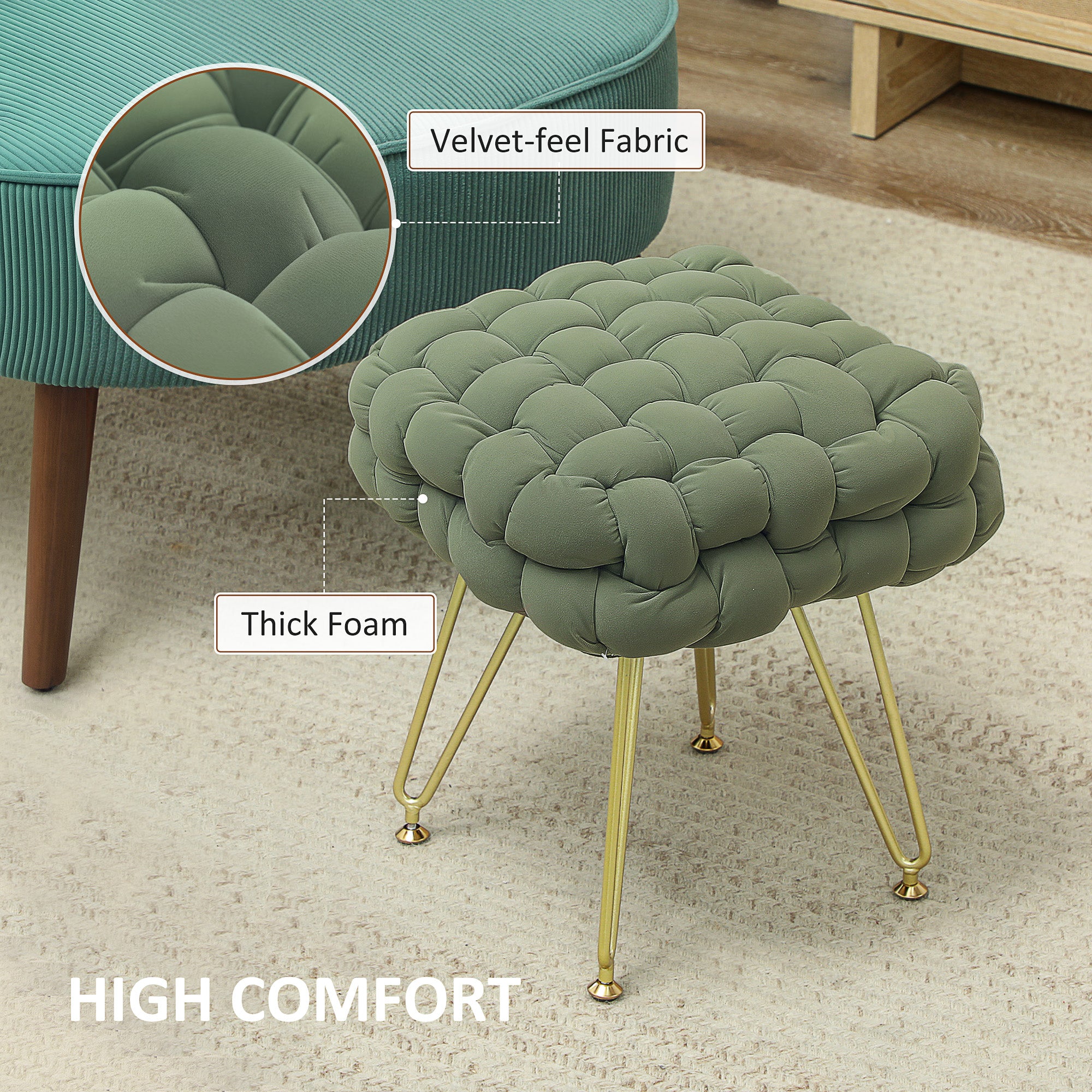 HOMCOM Velvet-Feel Bold Woven Footstool - Green - North Peak Garden Furniture