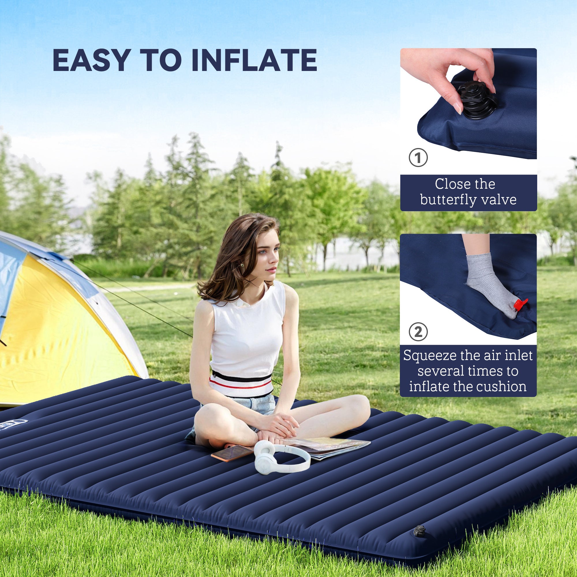 Outsunny 2 Person Camping Inflating Sleeping Mat Inflatable Mattress Ultralight Folding Bed Portable Air Bed for Outdoor Backpacking Hiking Travel - Blue - North Peak Garden Furniture