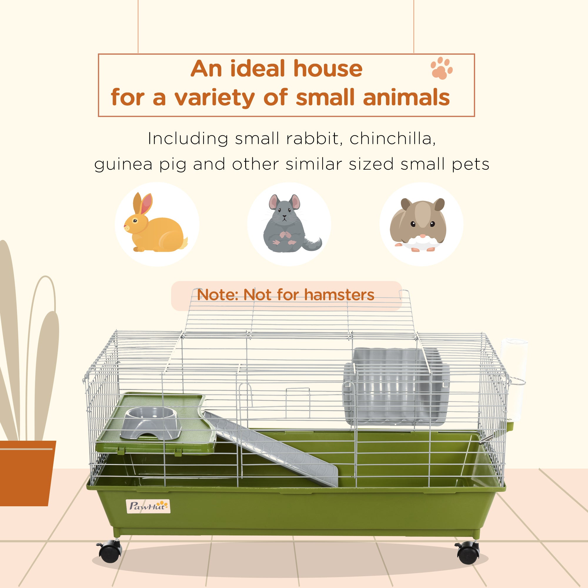 PawHut Small Animal Cage Rabbit Guinea Pigs Chinchillas Cage w/ Wheels Water Bottle Food Dish Platform Ramp 89 x 44 x 43 cm Green - North Peak Garden Furniture