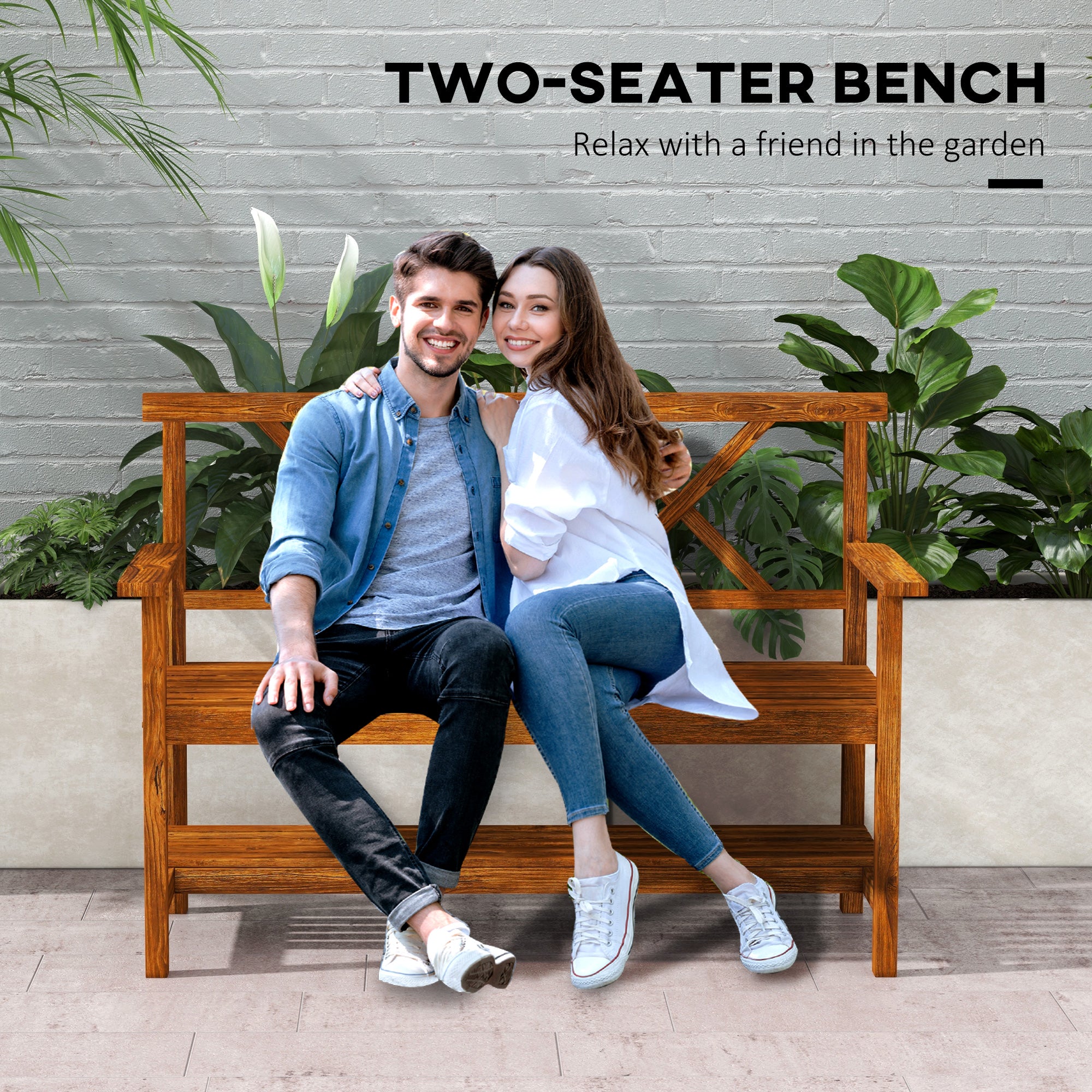 Outsunny Two-Seater Fir Wood Bench, with Bottom Shelf - Natural - North Peak Garden Furniture