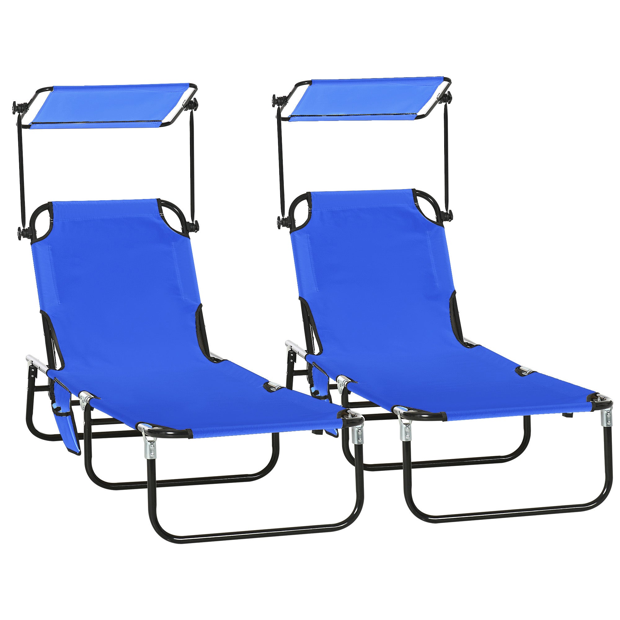 Outsunny Set of Two Folding Sun Loungers, with Adjustable Backs and Sun Canopies - Blue - North Peak Garden Furniture