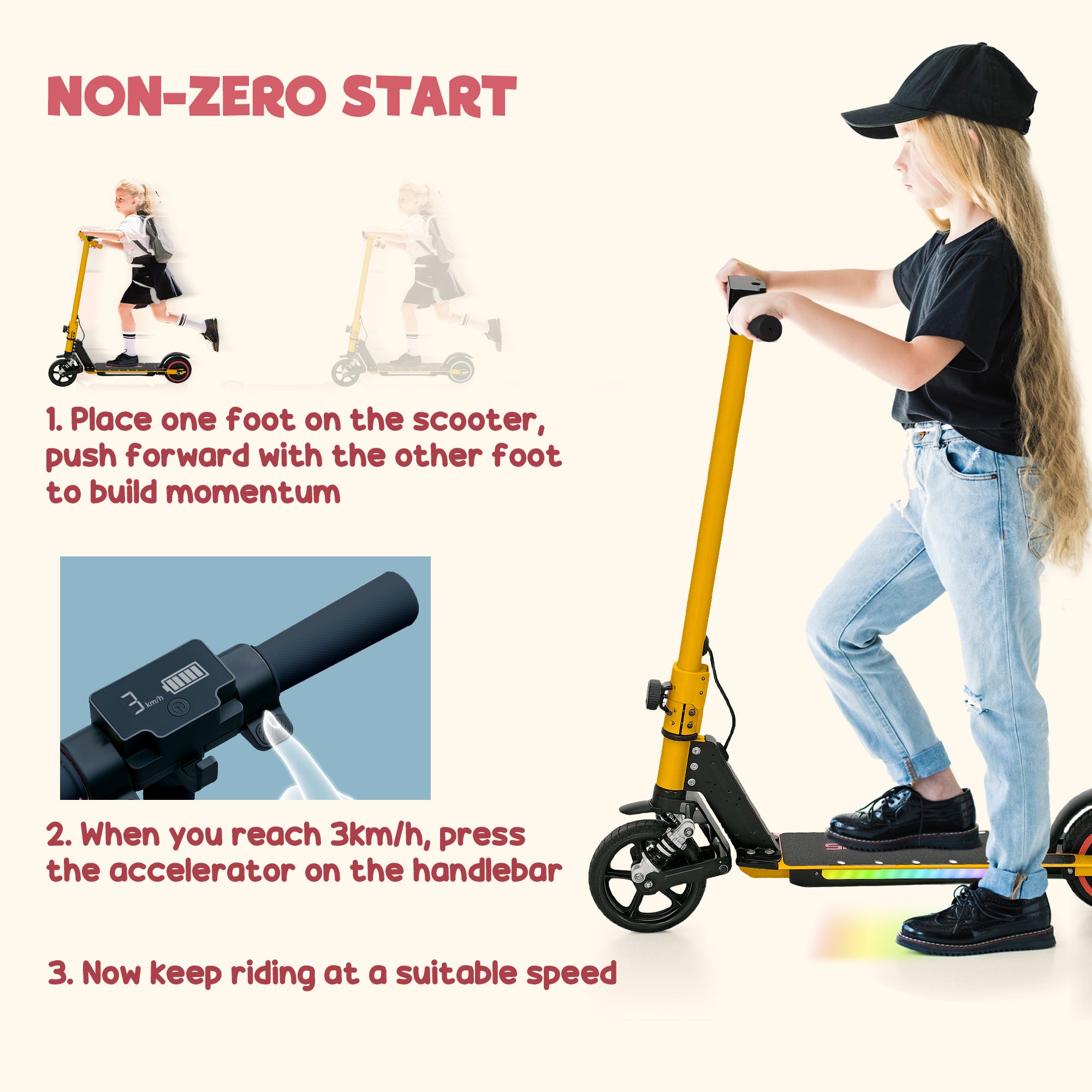 SPORTNOW Folding Electric Scooter for Kids Age 6-14 with Dual Brakes, Front Suspension, LED Colourful Lights and Display, 6.8kg Lightweight Aluminium E Scooter, Up to 14 KM/H & 6 KM, Gold Tone - North Peak Garden Furniture