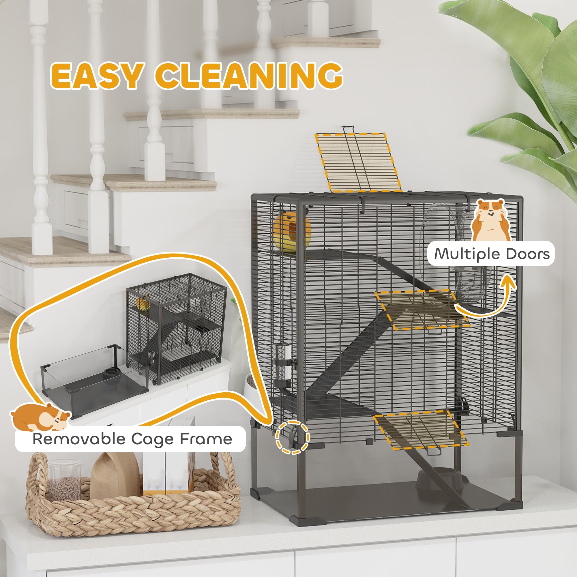 PawHut 4 Tiers Hamster Cage with Deep Tempered Glass Bottom, Hut, Running Wheel, Food Dish, Water Bottle, 60 x 40 x 80cm - North Peak Garden Furniture