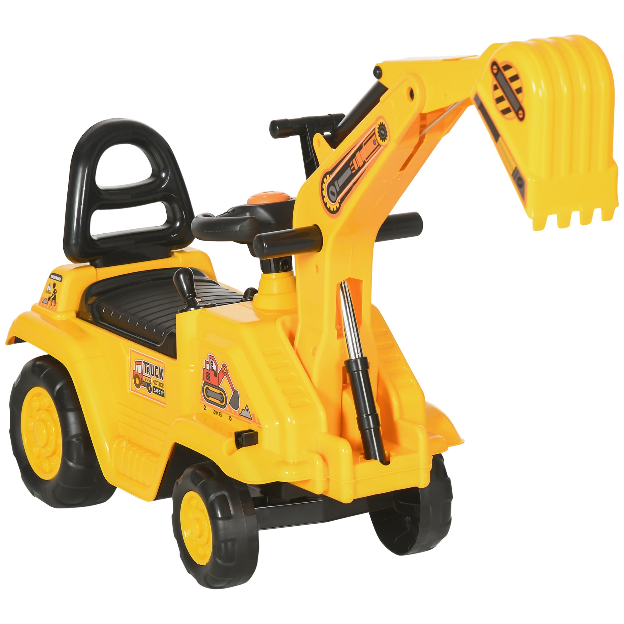 HOMCOM 2 in 1 Kids Ride On Tractor Pull Cart with Bucket, Under Seat Storage, Horn, High Backrest, for 1.5-4 Years Old, Yellow - North Peak Garden Furniture