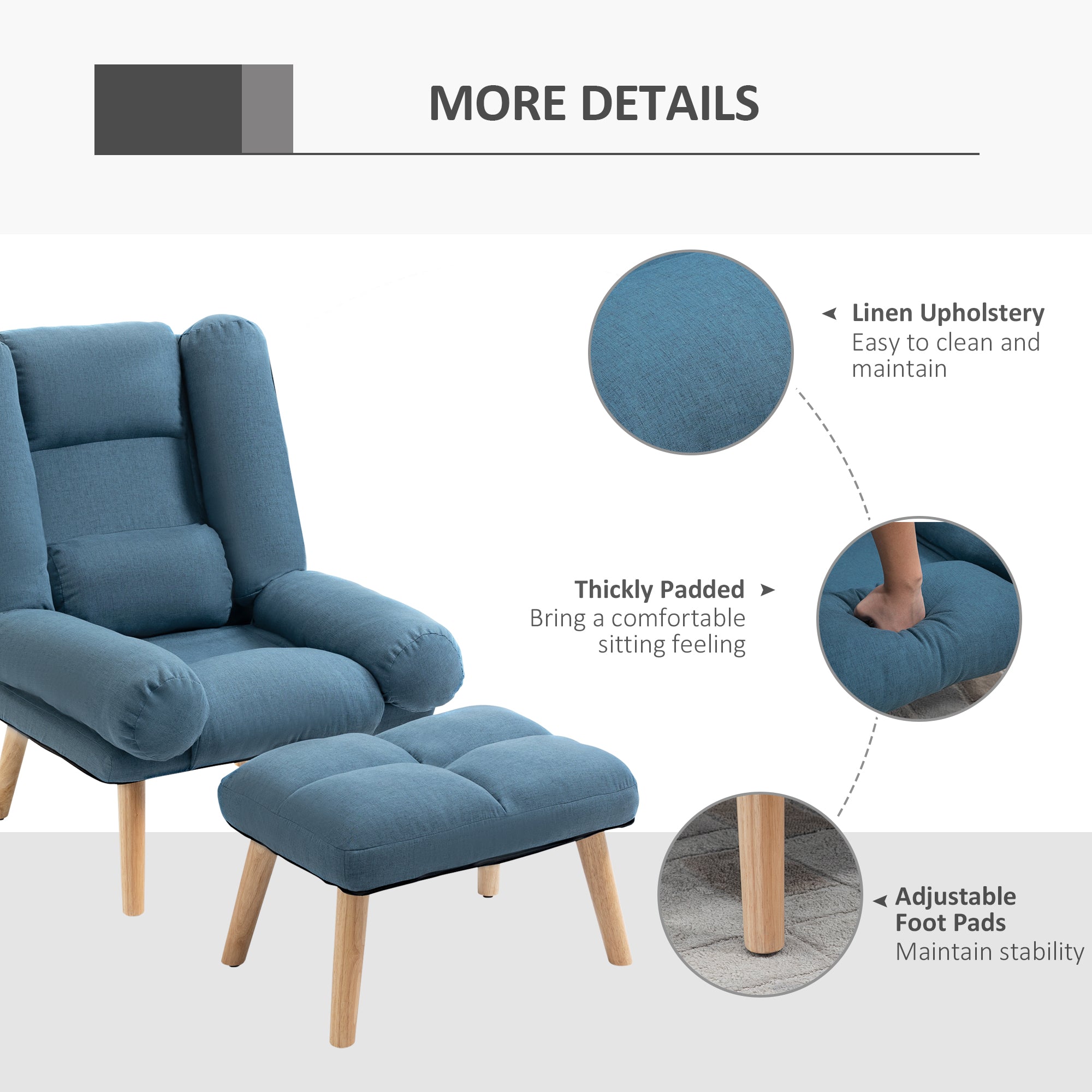 HOMCOM Armchair with Footstool, 180° Recliner with Ottoman, Accent Chair and Footstool with 3-Position Adjustable Backrest and Wooden Legs for Living Room, Blue - North Peak Garden Furniture