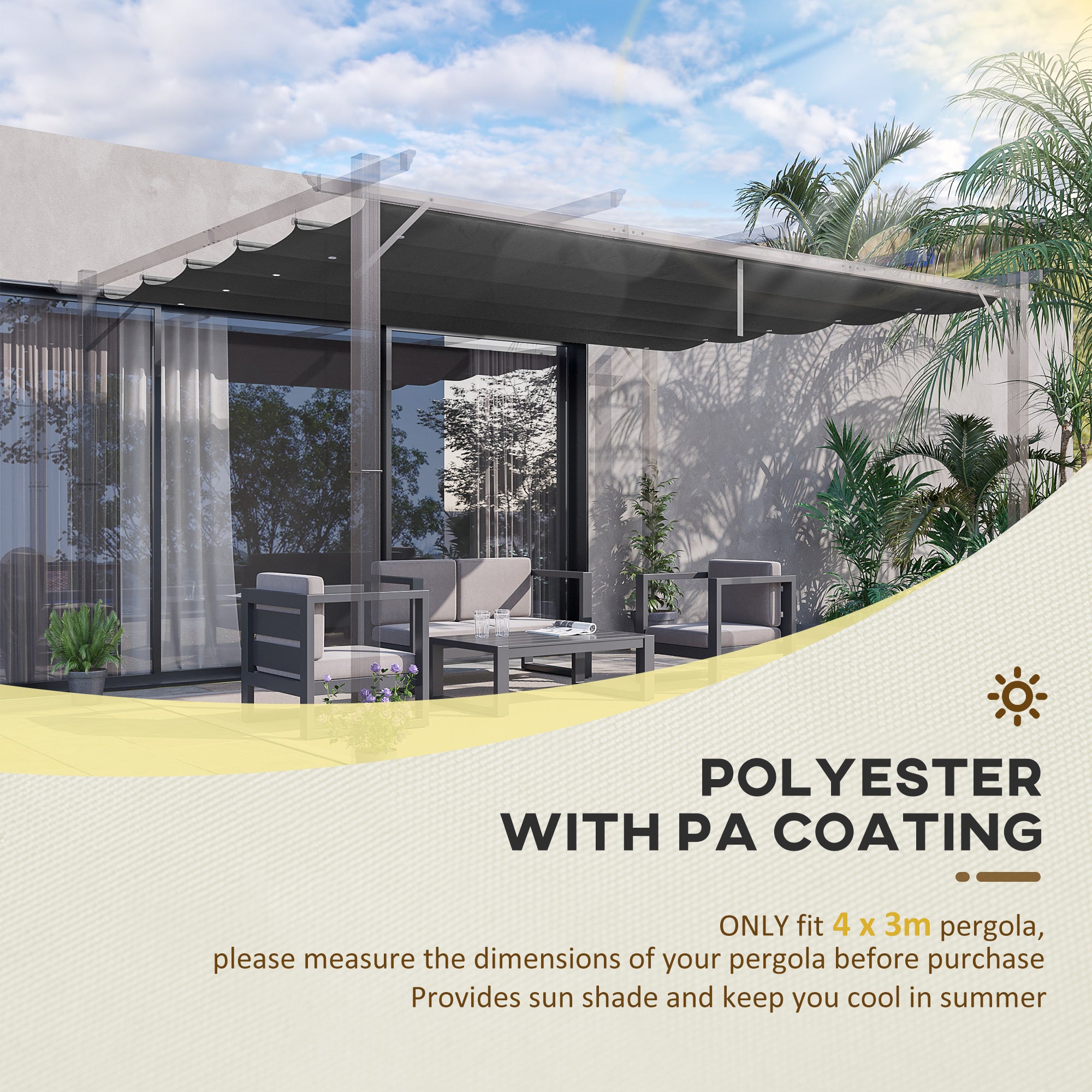 Outsunny Retractable Pergola Shade Cover, Replacement Canopy for 4 x 3 (m) Pergola, Retractable Roof, Dark Grey - North Peak Garden Furniture