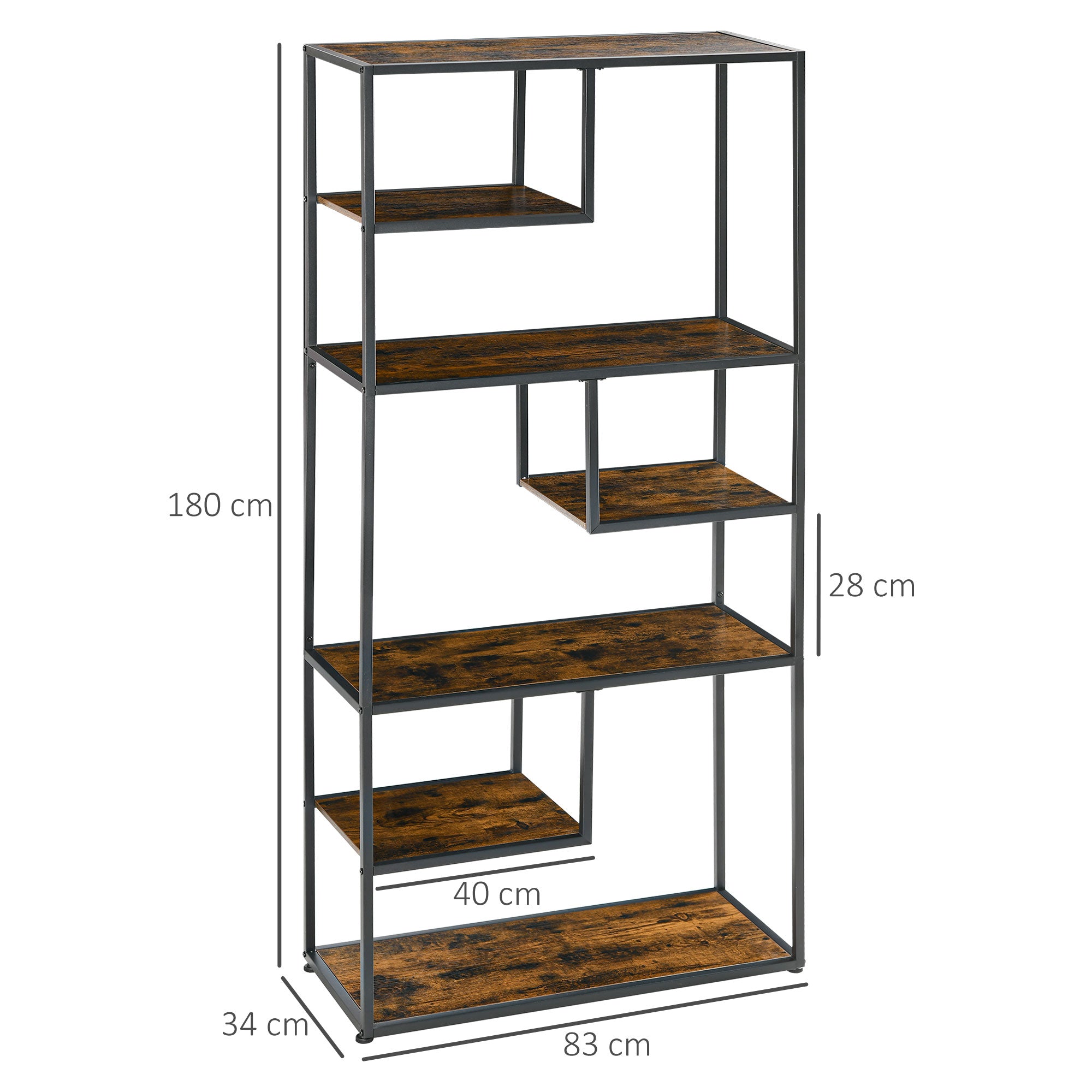 HOMCOM Industrial Bookcase Shelf, 7 Tier Metal Shelving, Storage Shelves for Living Room, Home Office, Bedroom, Rustic Brown